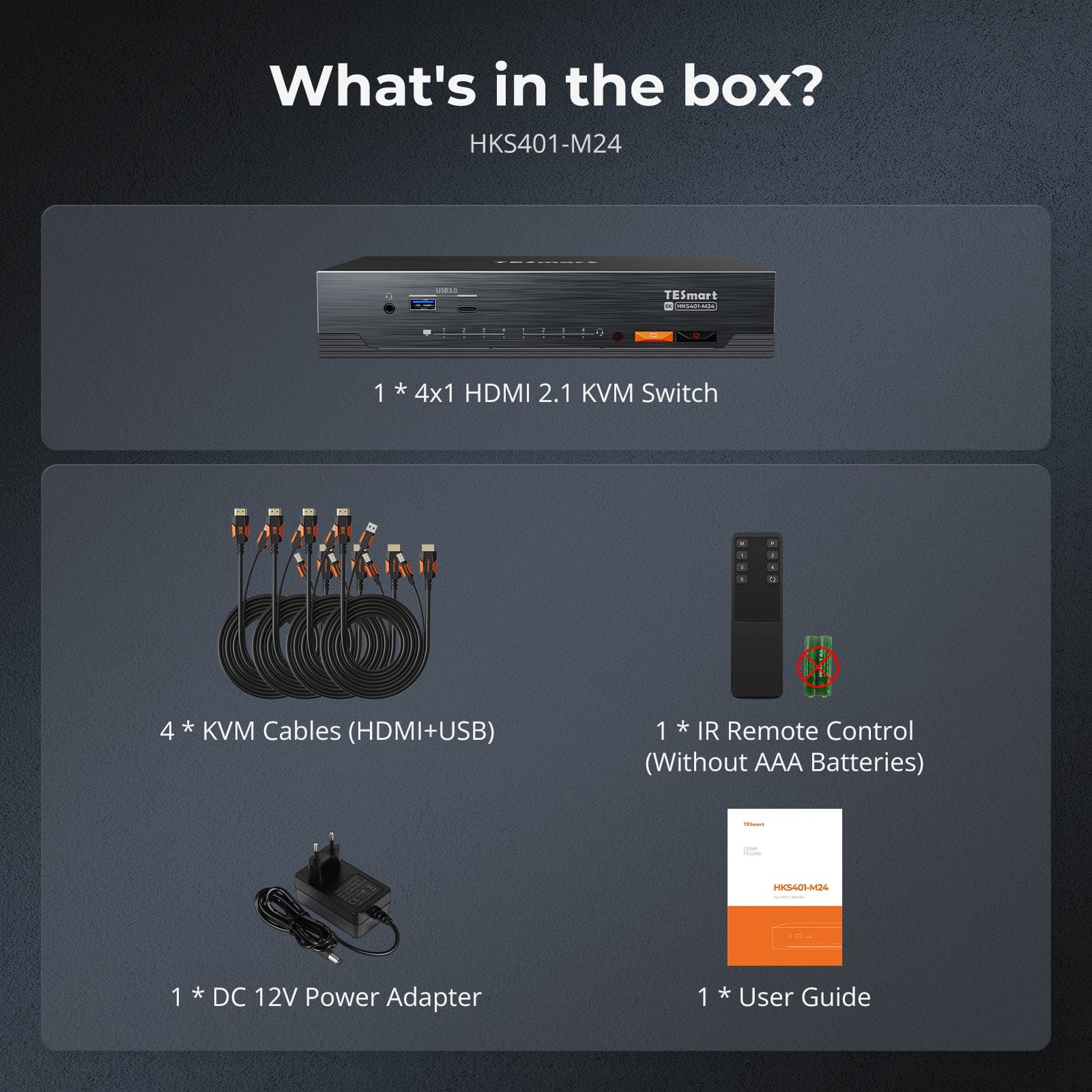TESmart.DE HKS401-M24-EUBK 4-fach 8K60 HDMI 2.1 KVM-Switch mit integriertem Netzwerk-Switch, USB-3.2-Hub, Gigabit-LAN, RGB-Lichtleiste & Fernbedienung – 4 PCs, 1 Monitor 10652805092086 4-fach 8K60 HDMI 2.1 KVM-Switch mit integriertem Netzwerk-Switch, Gigabit-LAN, USB-3.2-Hub & Fernbedienung – für Profis und Privatanwender, 4 PCs 1 Monitor