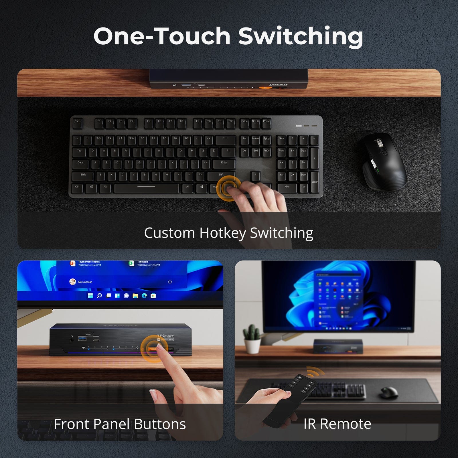 TESmart.DE HKS401-M24-EUBK 4-fach 8K60 HDMI 2.1 KVM-Switch mit integriertem Netzwerk-Switch, USB-3.2-Hub, Gigabit-LAN, RGB-Lichtleiste & Fernbedienung – 4 PCs, 1 Monitor 10652805092086 4-fach 8K60 HDMI 2.1 KVM-Switch mit integriertem Netzwerk-Switch, Gigabit-LAN, USB-3.2-Hub & Fernbedienung – für Profis und Privatanwender, 4 PCs 1 Monitor