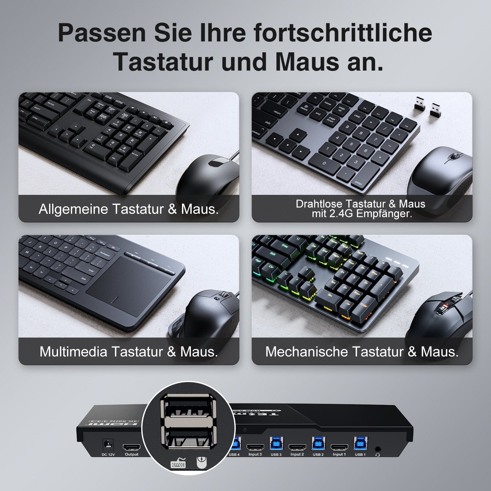 TESmart.DE HKS401-P23-EUBK KVM Switch 4 Port KVM Switch Kit HDMI 4K60Hz mit USB 3.0 Dockingstation, 4 PCs 1 Monitor 10652805090402 EU Plug