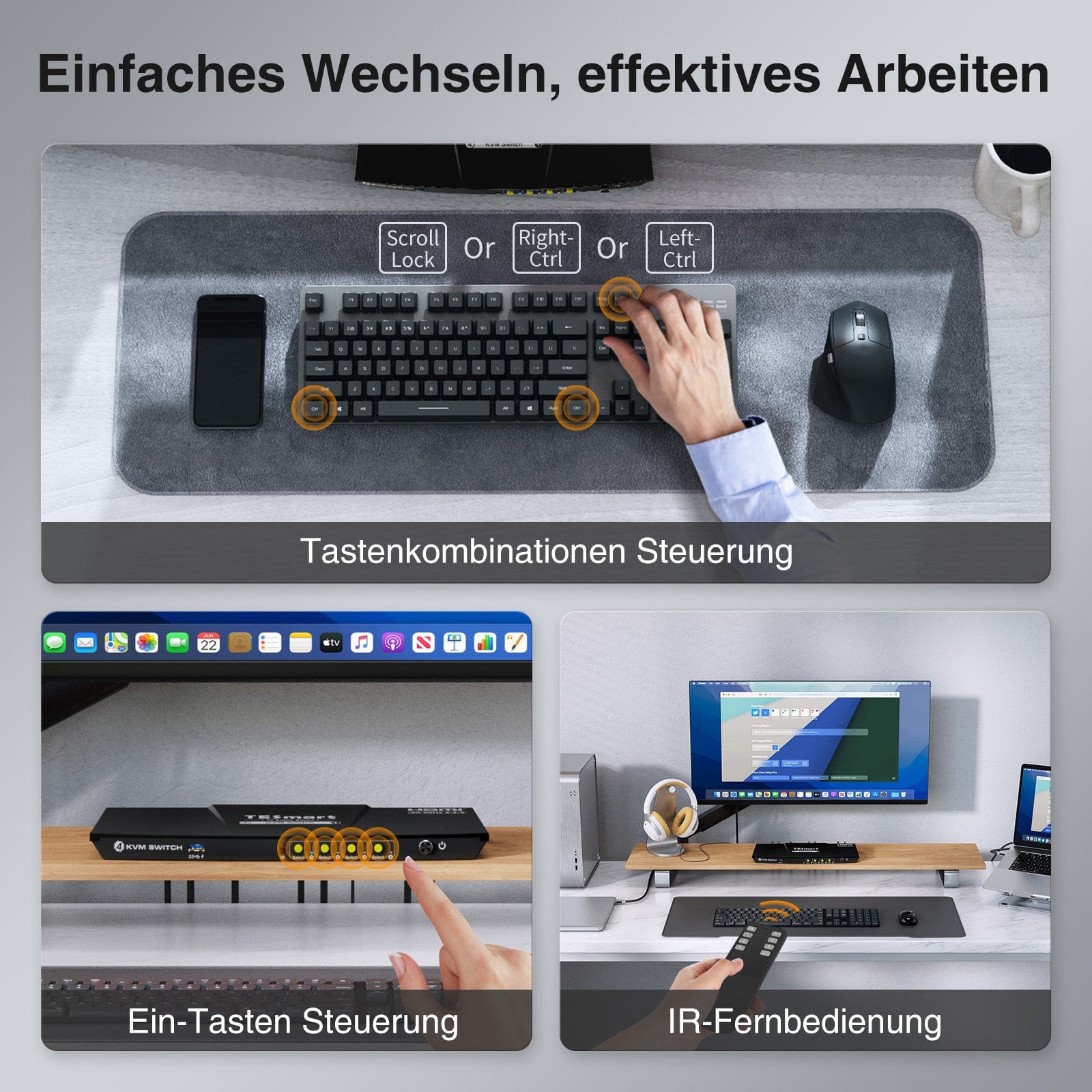 TESmart.DE HKS401-P23-EUBK KVM Switch 4 Port KVM Switch Kit HDMI 4K60Hz mit USB 3.0 Dockingstation, 4 PCs 1 Monitor 10652805090402 EU Plug