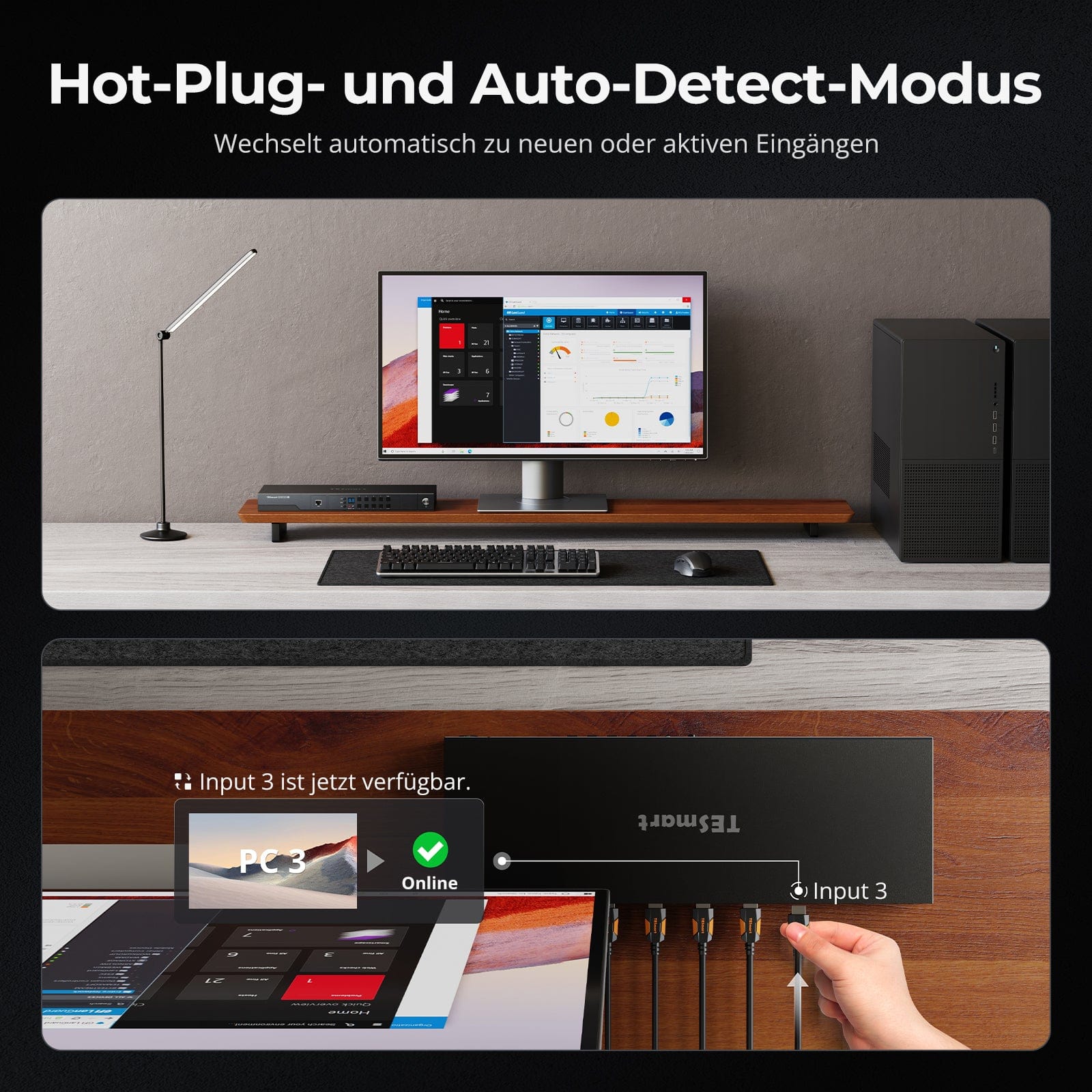 TESmart.DE HKS801-M24-EUBK HDMI 2.1 8K60Hz 8x1 KVM-Switch für 8 PCs und 1 Monitor, mit ADI-Chip, EDID-Emulator, VRR, FVA, ALLM, 48 Gbps und Dynamic HDR 10652805091980 HDMI 2.1 8K60Hz 8x1 KVM-Switch für 8 PCs und 1 Monitor, mit ADI-Chip, EDID, VRR, FVA, ALLM, HDR