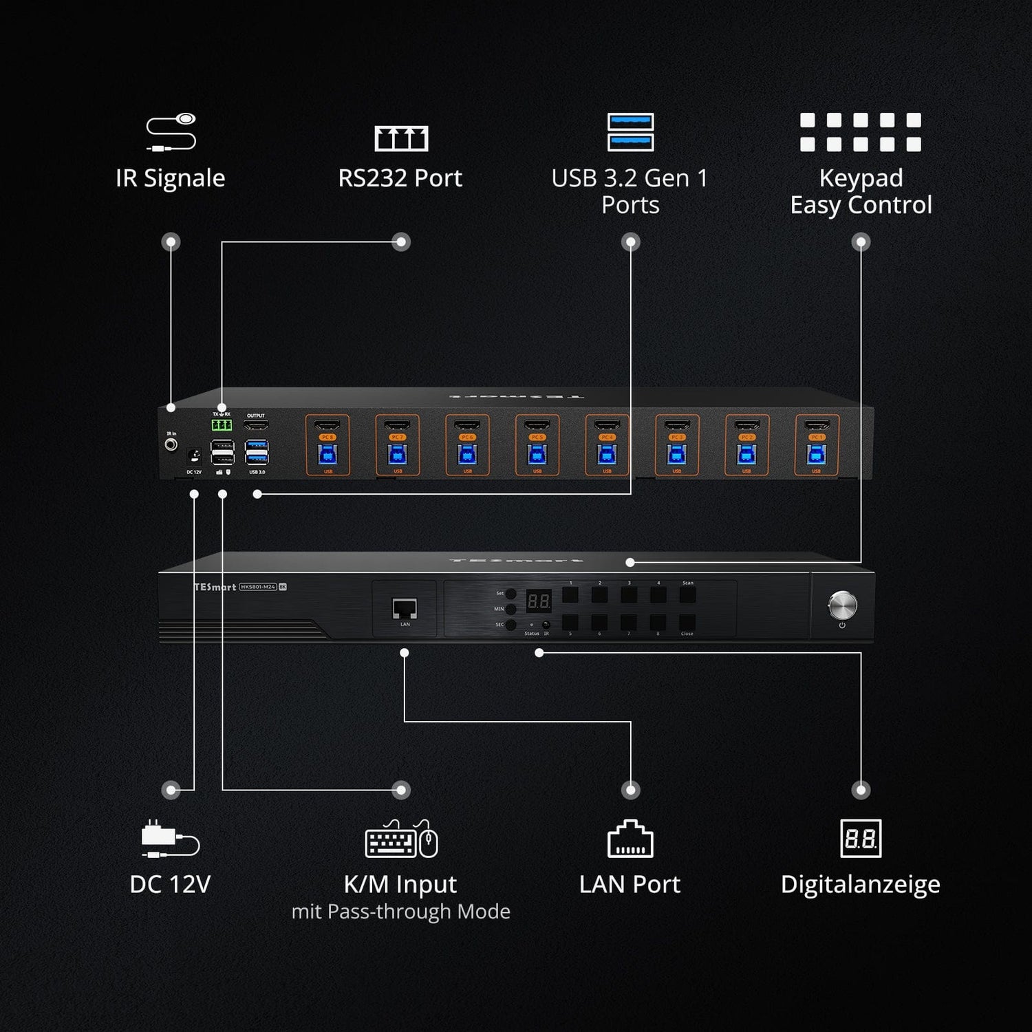 TESmart.DE HKS801-M24-EUBK HDMI KVM Switch HDMI 2.1 8K60Hz 8x1 KVM-Switch für 8 PCs und 1 Monitor, mit ADI-Chip, EDID-Emulator, VRR, FVA, ALLM, 48 Gbps und Dynamic HDR 10652805091980 HDMI 2.1 8K60Hz 8x1 KVM-Switch für 8 PCs und 1 Monitor, mit ADI-Chip, EDID, VRR, FVA, ALLM, HDR