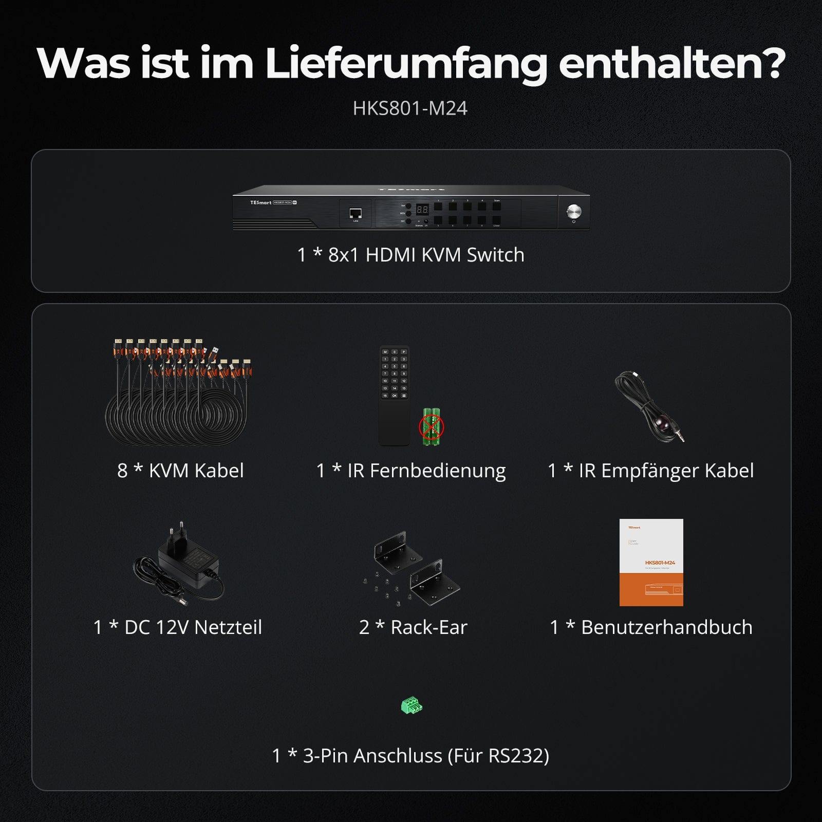 TESmart.DE HKS801-M24-EUBK HDMI KVM Switch HDMI 2.1 8K60Hz 8x1 KVM-Switch für 8 PCs und 1 Monitor, mit ADI-Chip, EDID-Emulator, VRR, FVA, ALLM, 48 Gbps und Dynamic HDR 10652805091980 HDMI 2.1 8K60Hz 8x1 KVM-Switch für 8 PCs und 1 Monitor, mit ADI-Chip, EDID, VRR, FVA, ALLM, HDR