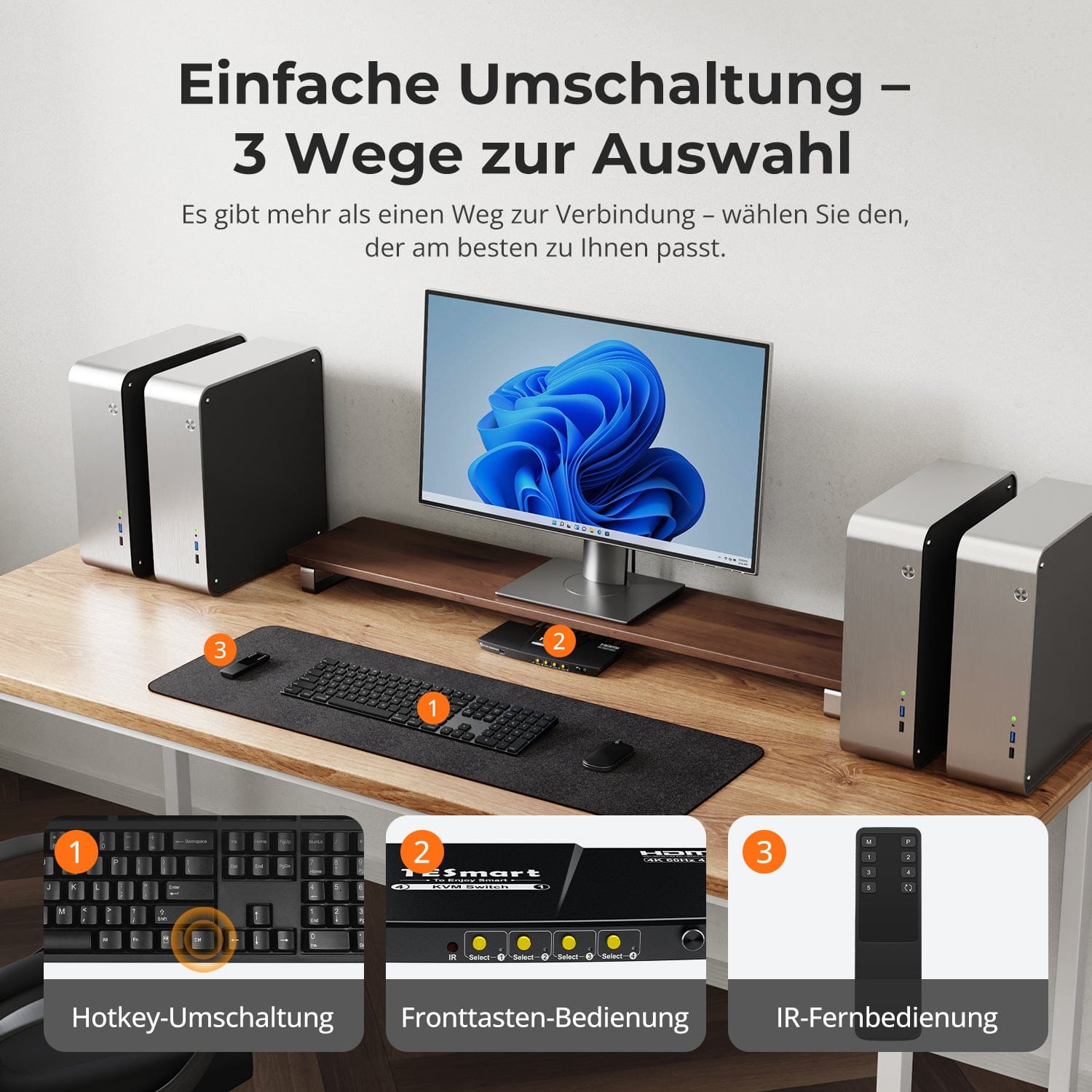 TESmart.DE KVM Switch 4 Port KVM Switch Kit HDMI 4K60Hz mit USB 3.0 Dockingstation, 4 PCs 1 Monitor 4-Port HDMI KVM Switch mit USB 3.0 Dock – 4 PCs, 1 Monitor, 4K@60Hz | TESmart