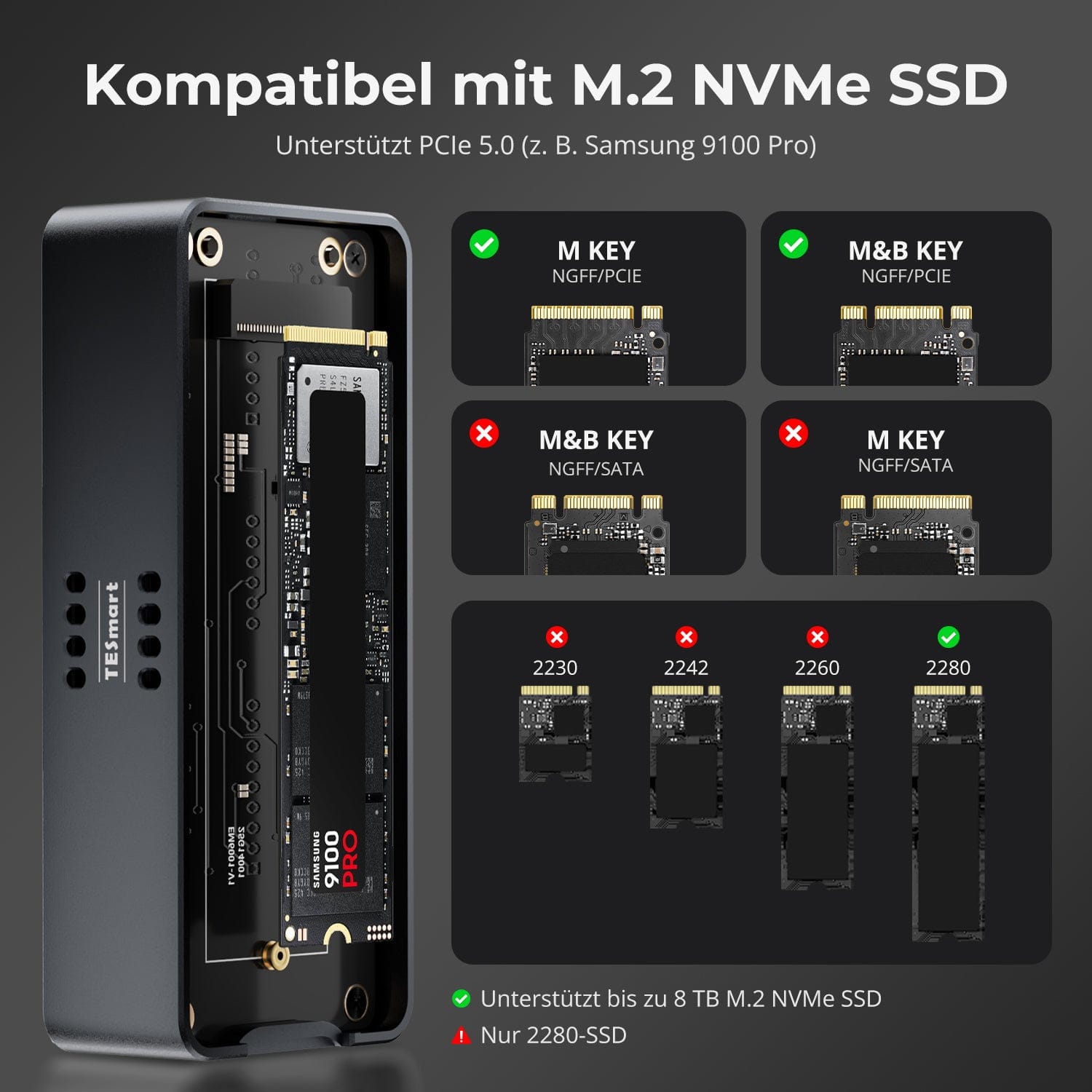 TESmart.DE TBE‑X5 Pro & Max — Dual 80 Gbps PCIe 5.0 SSD‑Gehäuse · Bis zu 7000 MB/s TBE‑X5 Pro & Max — Dual 80 Gbps PCIe 5.0 SSD‑Gehäuse · Bis zu 7000 MB/s