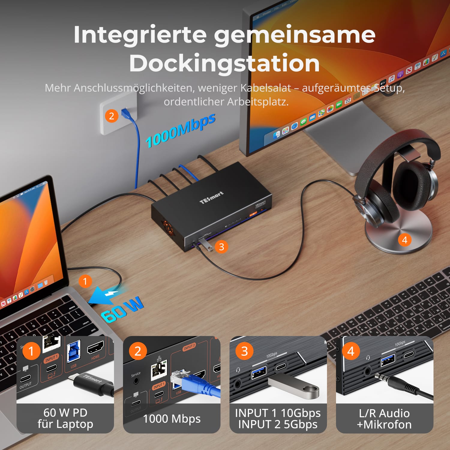 TESmart.DE THK401-X4-EUBK 4-Port 6K60Hz & 5K120Hz KVM-Switch für Mac & HDMI-Geräte – USB-10Gbit/s-Hub, 60W PD, doppelte HDMI-Eingänge, Apple Studio Display-Unterstützung 4-Port 6K60Hz & 5K120Hz KVM-Switch für Mac & HDMI-Geräte – USB-10Gbit/s-Hub, 60W PD, doppelte HDMI-Eingänge, Apple Studio Display-Unterstützung