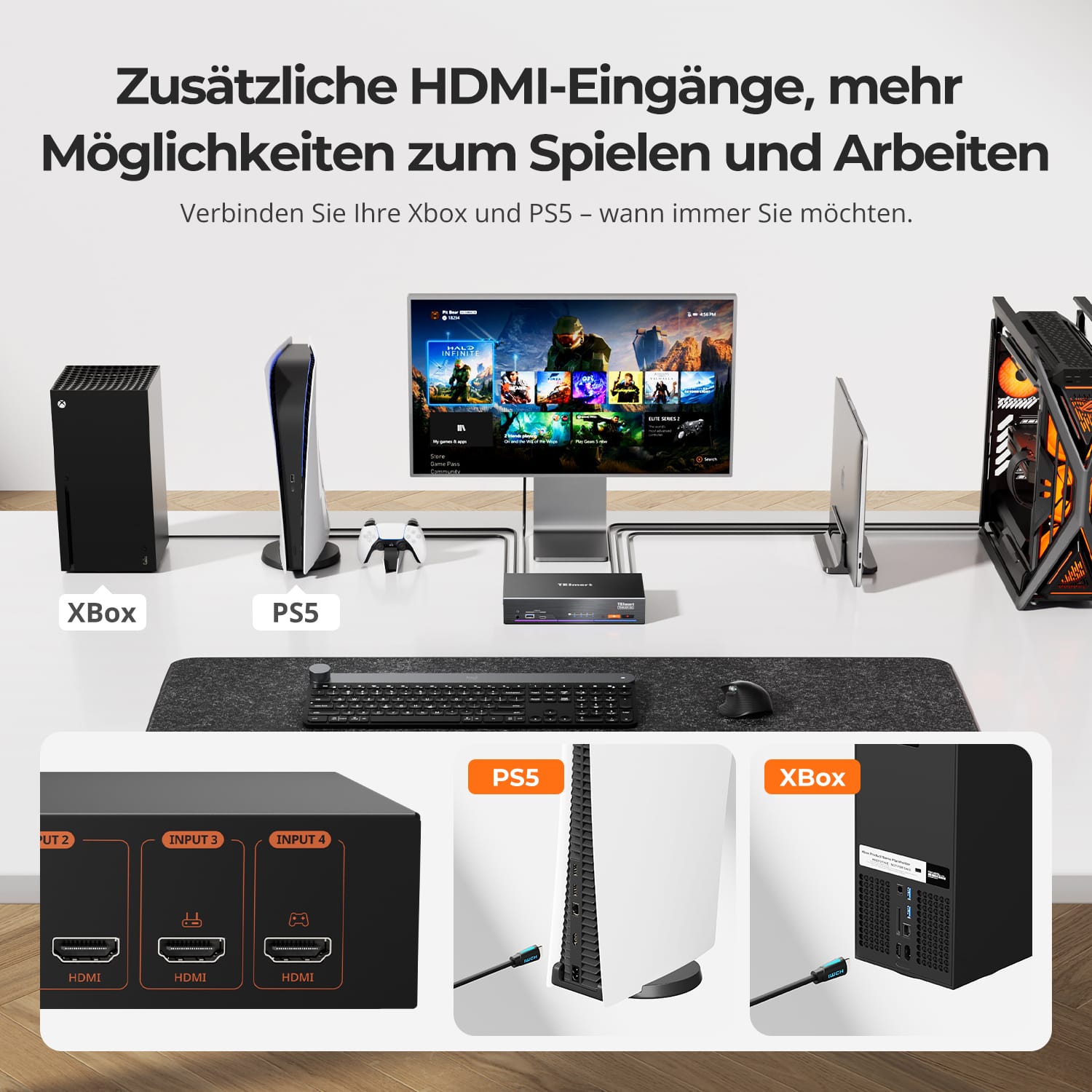 TESmart.DE THK401-X4-EUBK 4-Port 6K60Hz & 5K120Hz KVM-Switch für Mac & HDMI-Geräte – USB-10Gbit/s-Hub, 60W PD, doppelte HDMI-Eingänge, Apple Studio Display-Unterstützung 4-Port 6K60Hz & 5K120Hz KVM-Switch für Mac & HDMI-Geräte – USB-10Gbit/s-Hub, 60W PD, doppelte HDMI-Eingänge, Apple Studio Display-Unterstützung