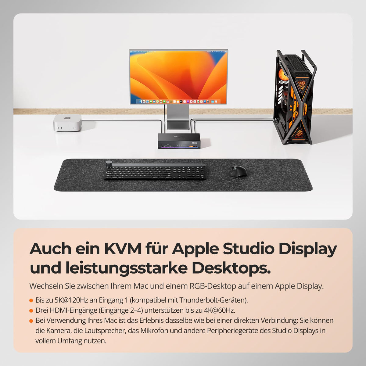 TESmart.DE THK401-X4-EUBK KVM Switch 4-Port KVM für Apple Studio Display – Bis zu 6K@60Hz / 5K@120Hz, kompatibel mit Thunderbolt™ 4- und HDMI-Geräten 4-Port KVM für Apple Studio Display – Kompatibel mit Thunderbolt™ 4- und HDMI-Geräten
