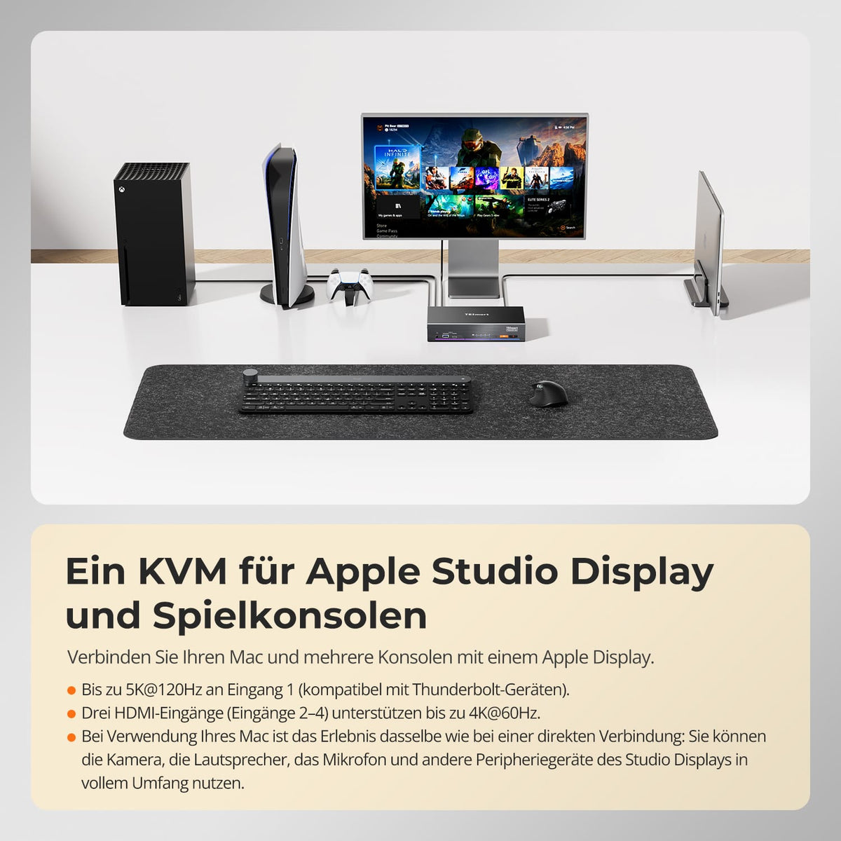 TESmart.DE THK401-X4-EUBK KVM Switch 4-Port KVM für Apple Studio Display – Bis zu 6K@60Hz / 5K@120Hz, kompatibel mit Thunderbolt™ 4- und HDMI-Geräten 4-Port KVM für Apple Studio Display – Kompatibel mit Thunderbolt™ 4- und HDMI-Geräten
