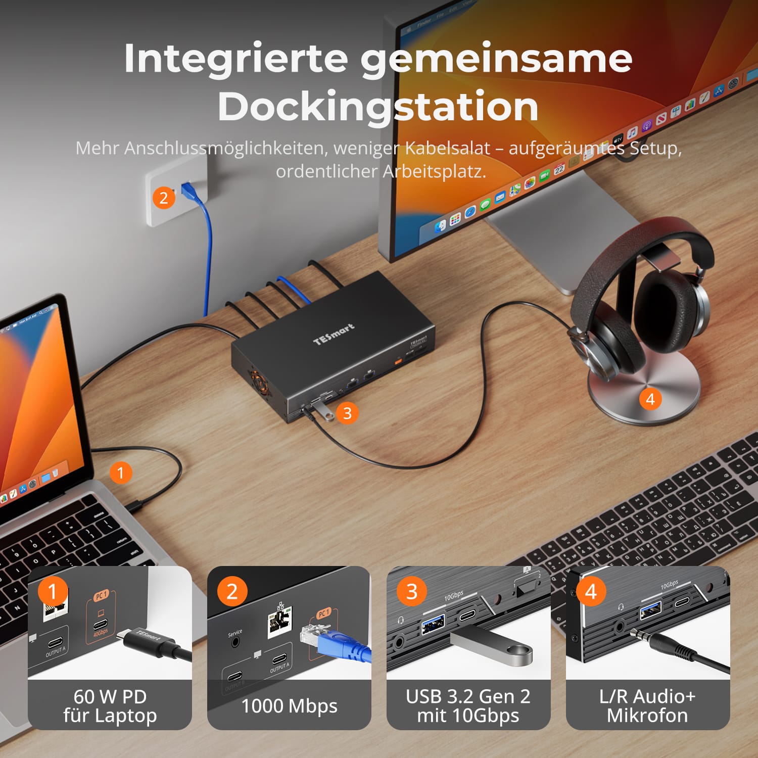 TESmart.DE TKS202-X4-EUBK 2-Port Dual-Monitor KVM für Apple Studio Display – Bis zu 5K@120Hz/6K@60Hz, kompatibel mit Thunderbolt™ 4-Geräten 10617230232513 2-Port Dual-Monitor KVM für Apple Studio Display – Bis zu 5K@120Hz/6K@60Hz, kompatibel mit Thunderbolt™ 4-Geräten EU Plug