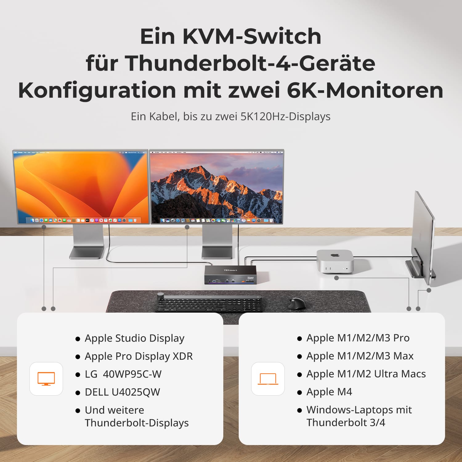 TESmart.DE TKS202-X4-EUBK 2-Port Dual-Monitor KVM für Apple Studio Display – Bis zu 5K@120Hz/6K@60Hz, kompatibel mit Thunderbolt™ 4-Geräten 10617230232513 2-Port Dual-Monitor KVM für Apple Studio Display – Bis zu 5K@120Hz/6K@60Hz, kompatibel mit Thunderbolt™ 4-Geräten EU Plug