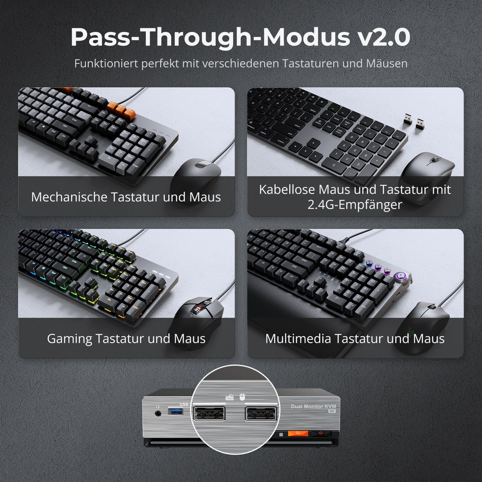 TESmart DKS202-M24-EUBK Dual Monitor KVM Switch DP 1.4 Dual 8K@60Hz KVM Switch Gaming Dock für 2 PCs und 2 Monitore, mit EDID, G-Sync, FreeSync 10652805090631 EU Plug
