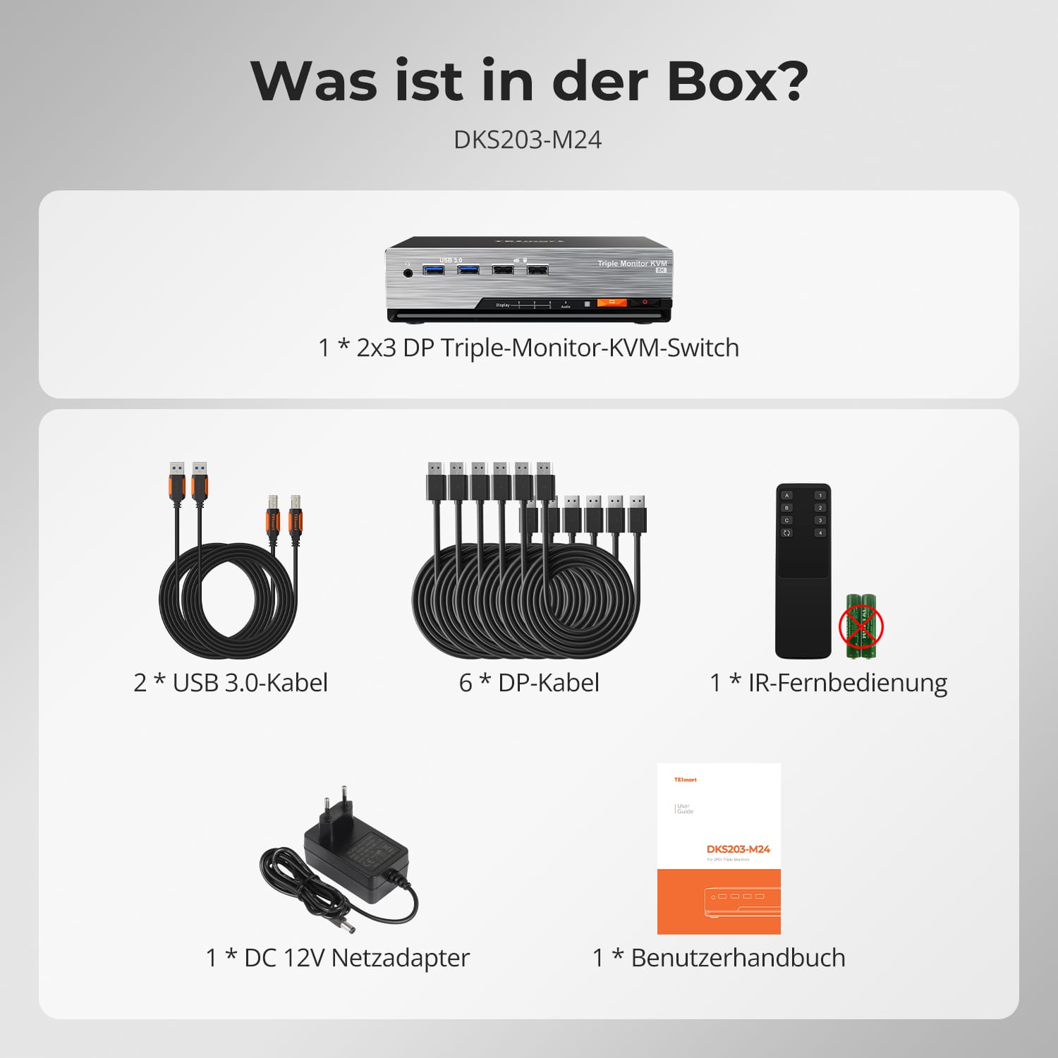 TESmart DKS203-M24-EUBK Drei Monitor KVM Switcher DP 1.4 Triple 8K@60Hz KVM-Switch-Gaming-Dock für 2 PCs und 3 Monitore, mit EDID, G-Sync, FreeSync 10652805090655 DP 1.4 KVM-Switch für 3 Monitore 8K@60Hz mit USB 3.0 Hub | TESmart EU Plug