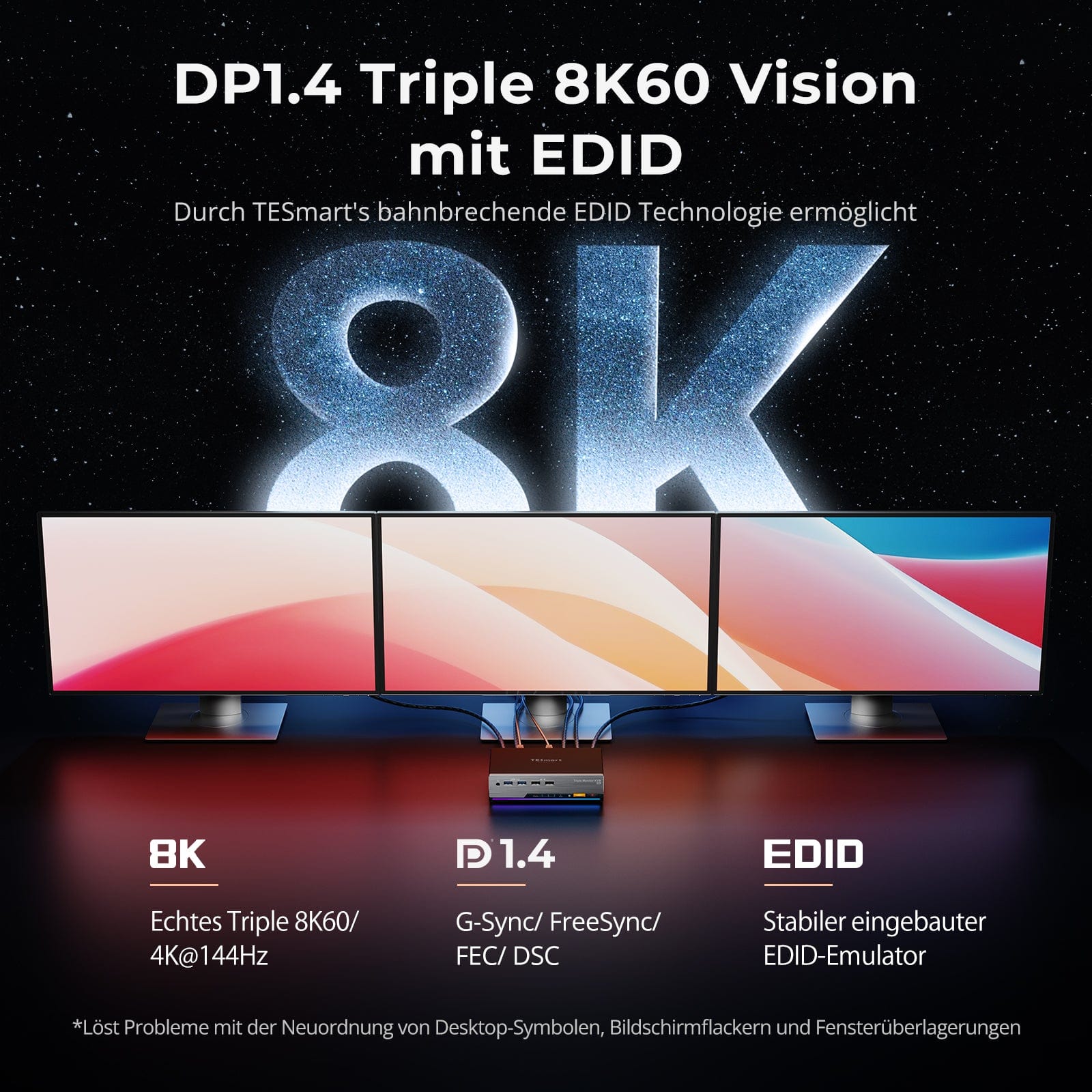 TESmart DKS203-M24-EUBK Drei Monitor KVM Switcher DP 1.4 Triple 8K@60Hz KVM-Switch-Gaming-Dock für 2 PCs und 3 Monitore, mit EDID, G-Sync, FreeSync 10652805090655 EU Plug