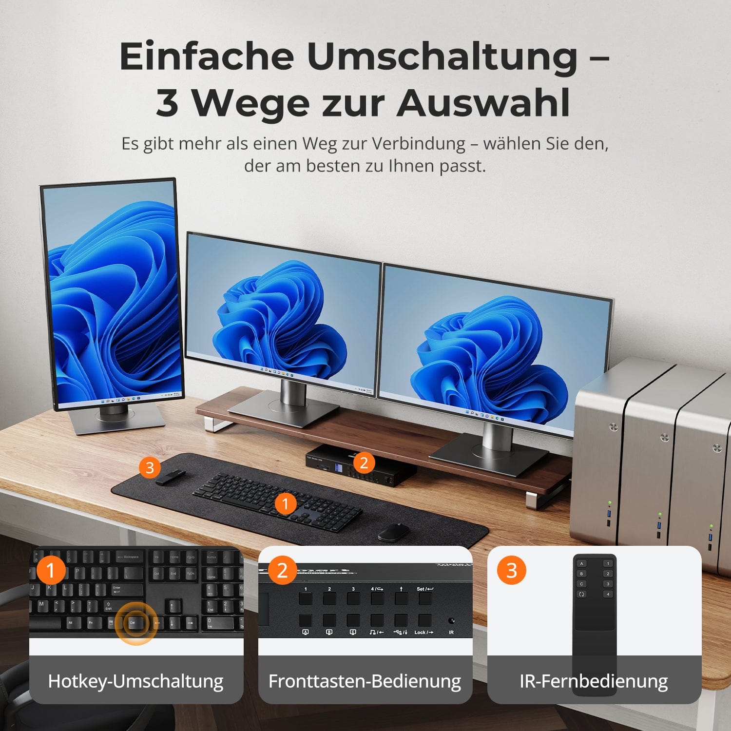 TESmart Drei Monitor KVM Switcher 4 Port Drei-Monitor-KVM-Switch HDMI 4K@60Hz mit USB Hub Triple-Monitor KVM Switch – 4-Port HDMI 4K mit USB-Hub | TESmart