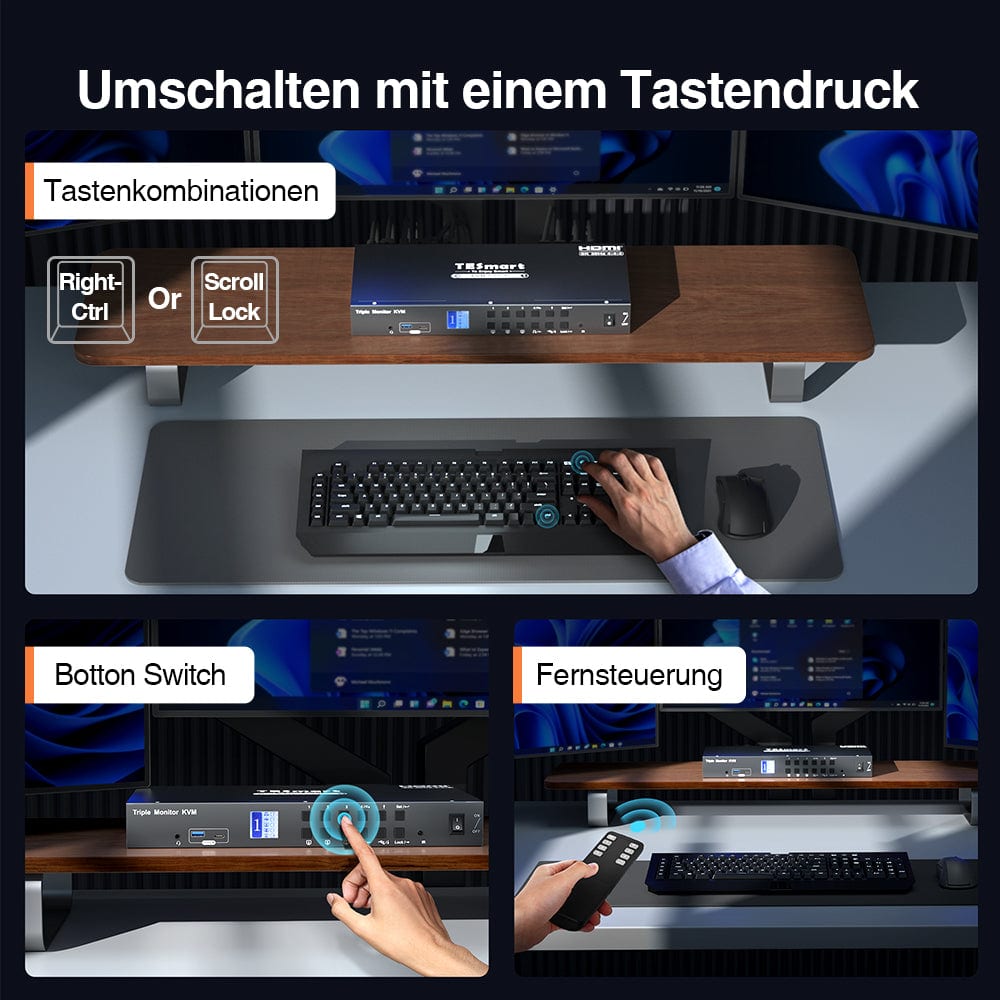 TESmart Drei Monitor KVM Switcher 4 Port Drei-Monitor-KVM-Switch HDMI 4K@60Hz mit USB Hub Triple Monitor KVM Switch 4 Port HDMI 4K mit USB Hub-TESmart