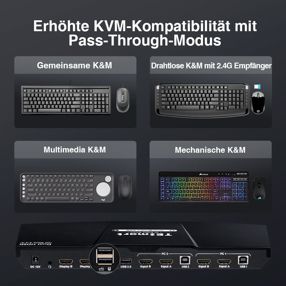 TESmart Dual Monitor KVM Switch 2 Port Dual Monitor KVM Switch HDMI 4K30Hz mit USB 2.0 Hub & Audio I/O