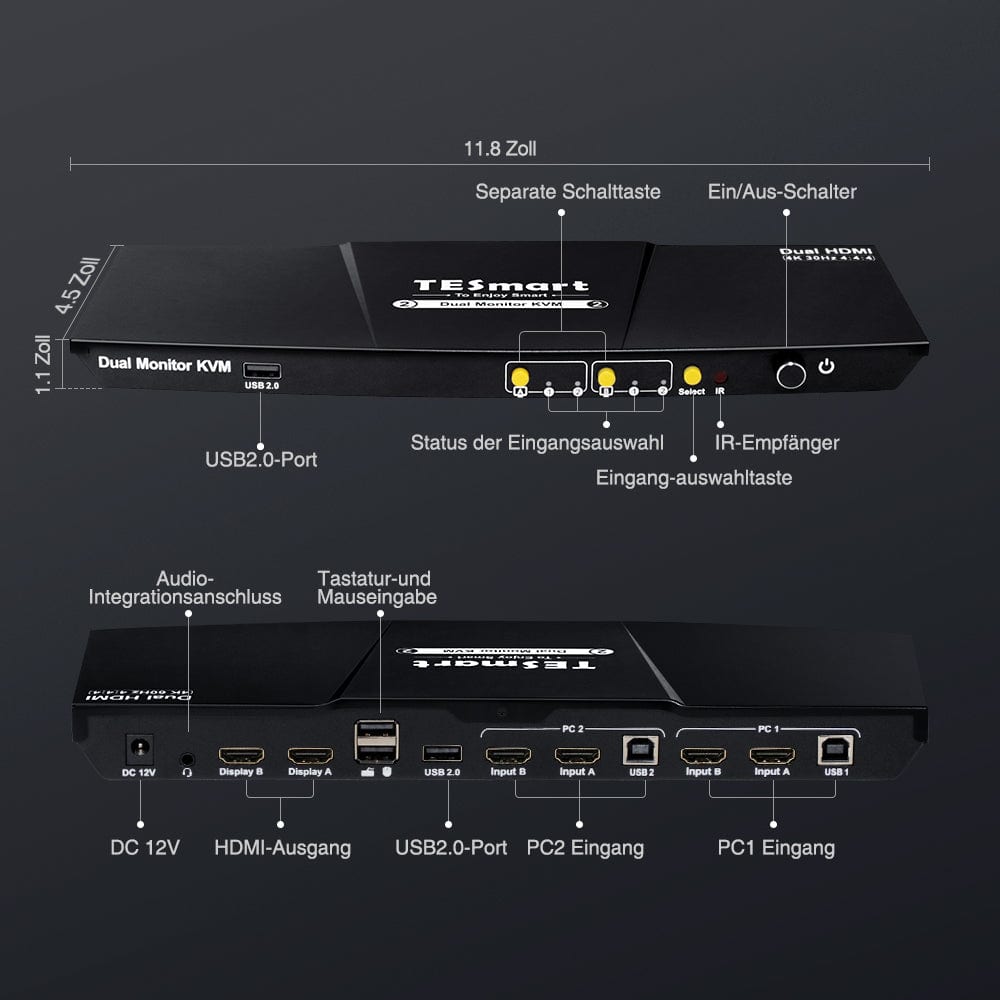 TESmart Dual Monitor KVM Switch 2 Port Dual Monitor KVM Switch HDMI 4K30Hz mit USB 2.0 Hub & Audio I/O