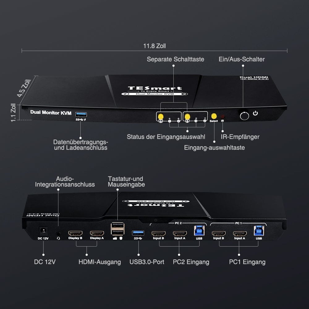 TESmart Dual Monitor KVM Switch 2 Port Dual Monitor KVM Switch HDMI 4K60Hz mit USB 3.0 Hub & Audio I/O