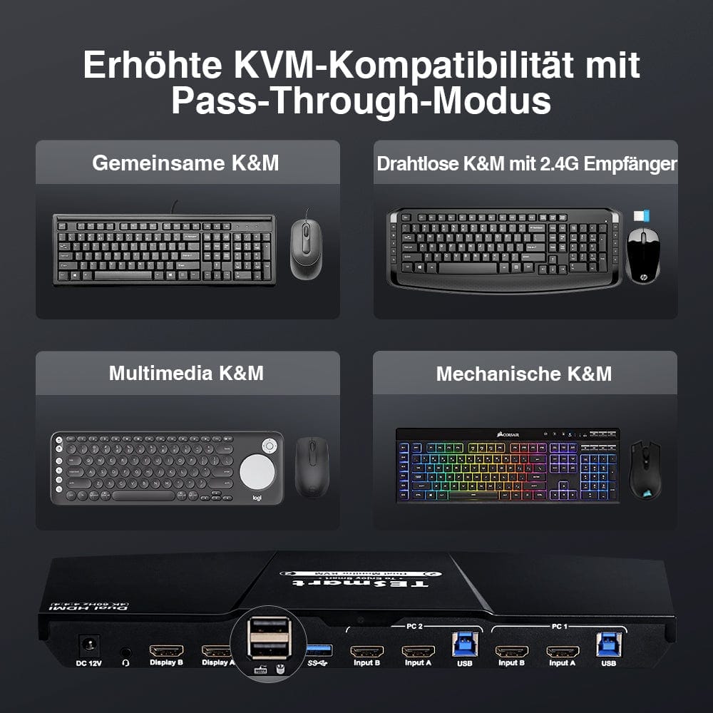 TESmart Dual Monitor KVM Switch 2 Port Dual Monitor KVM Switch HDMI 4K60Hz mit USB 3.0 Hub & Audio I/O