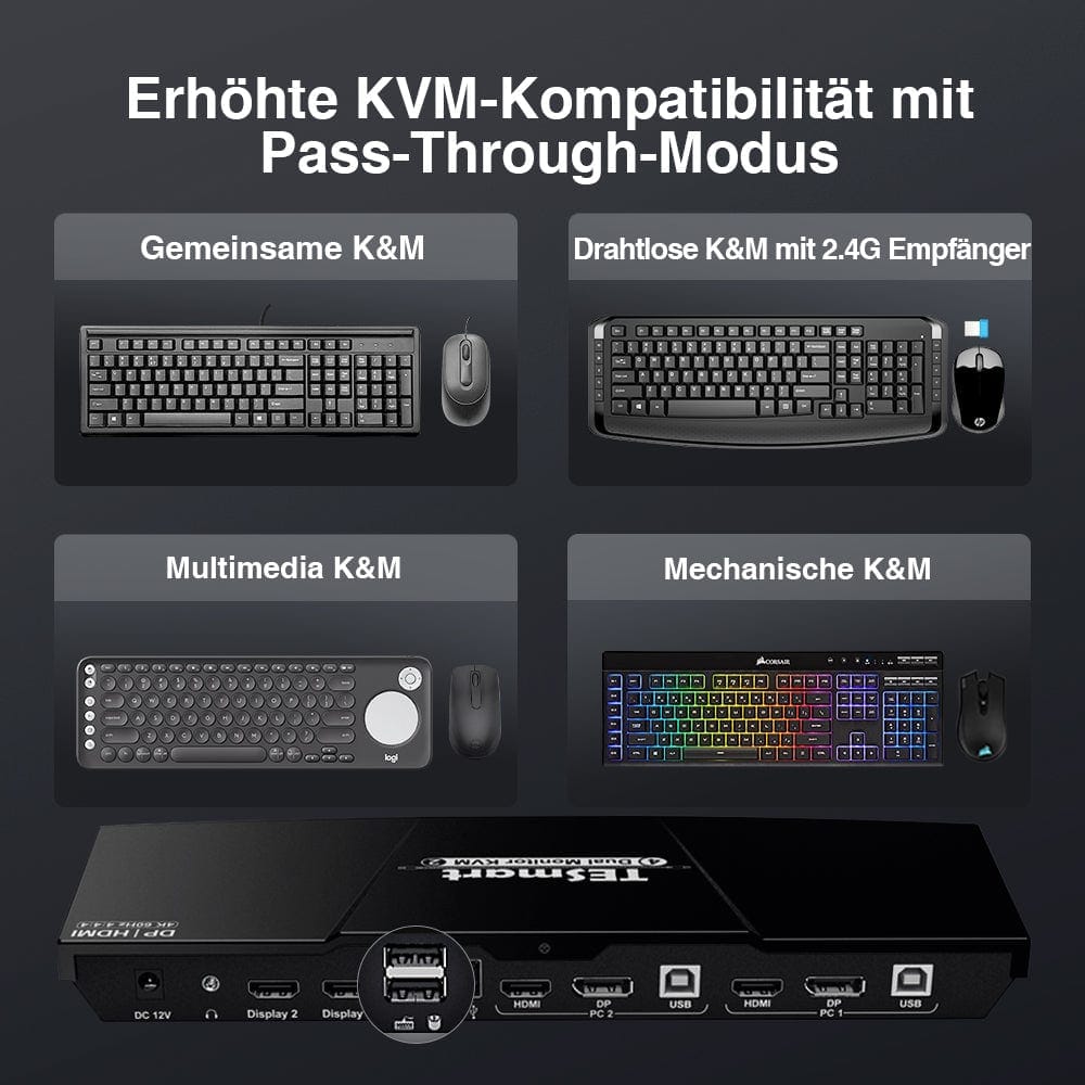 TESmart Dual Monitor KVM Switch 2 Port Dual Monitor KVM Switch HDMI+DP 4K60Hz mit USB Hub Dual Monitor KVM Switch 2 Wege HDMI2.0 DP 4K60Hz EDID TESmart