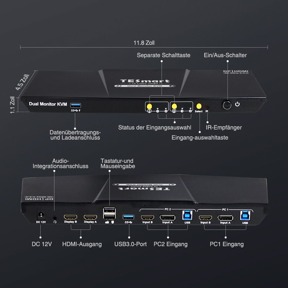 TESmart Dual Monitor KVM Switch 2-Port Dual-Monitor KVM-Switch-Kit HDMI+DP 4K60Hz mit USB 3.0 Dockingstation, EDID
