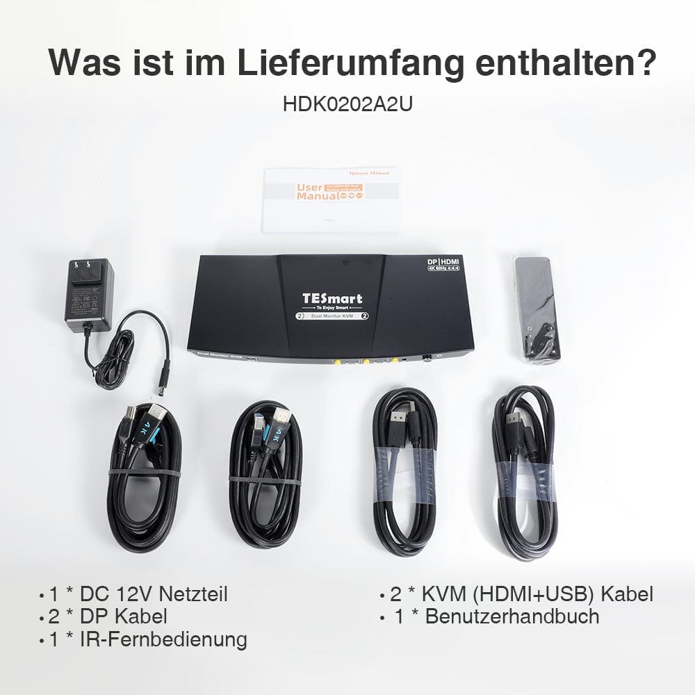 TESmart Dual Monitor KVM Switch 2-Port Dual-Monitor KVM-Switch-Kit HDMI+DP 4K60Hz mit USB 3.0 Dockingstation, EDID