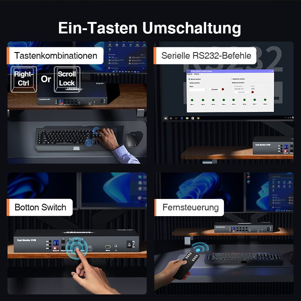 TESmart Dual Monitor KVM Switch 4-Port Dual-Monitor KVM-Switch-Kit DP 4K60Hz mit EDID