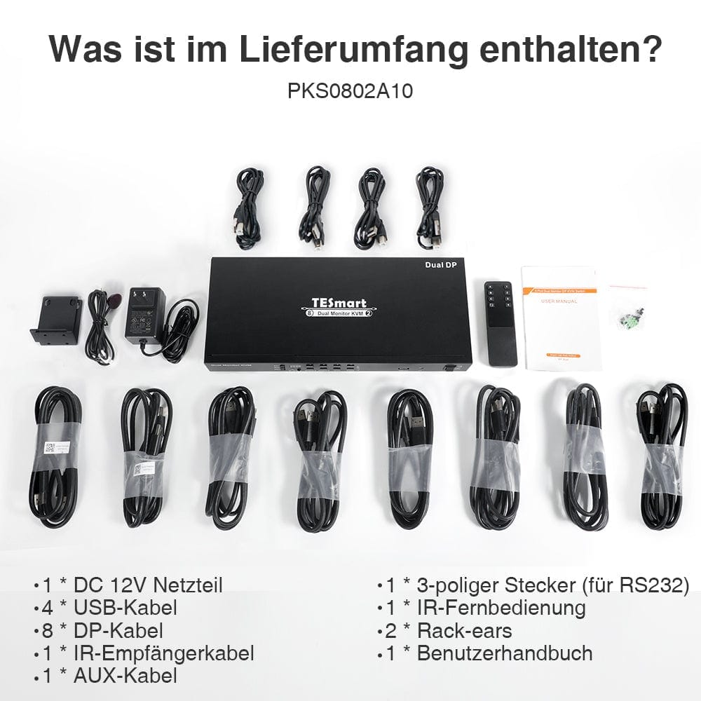TESmart Dual Monitor KVM Switch 4-Port Dual-Monitor KVM-Switch-Kit DP 4K60Hz mit EDID
