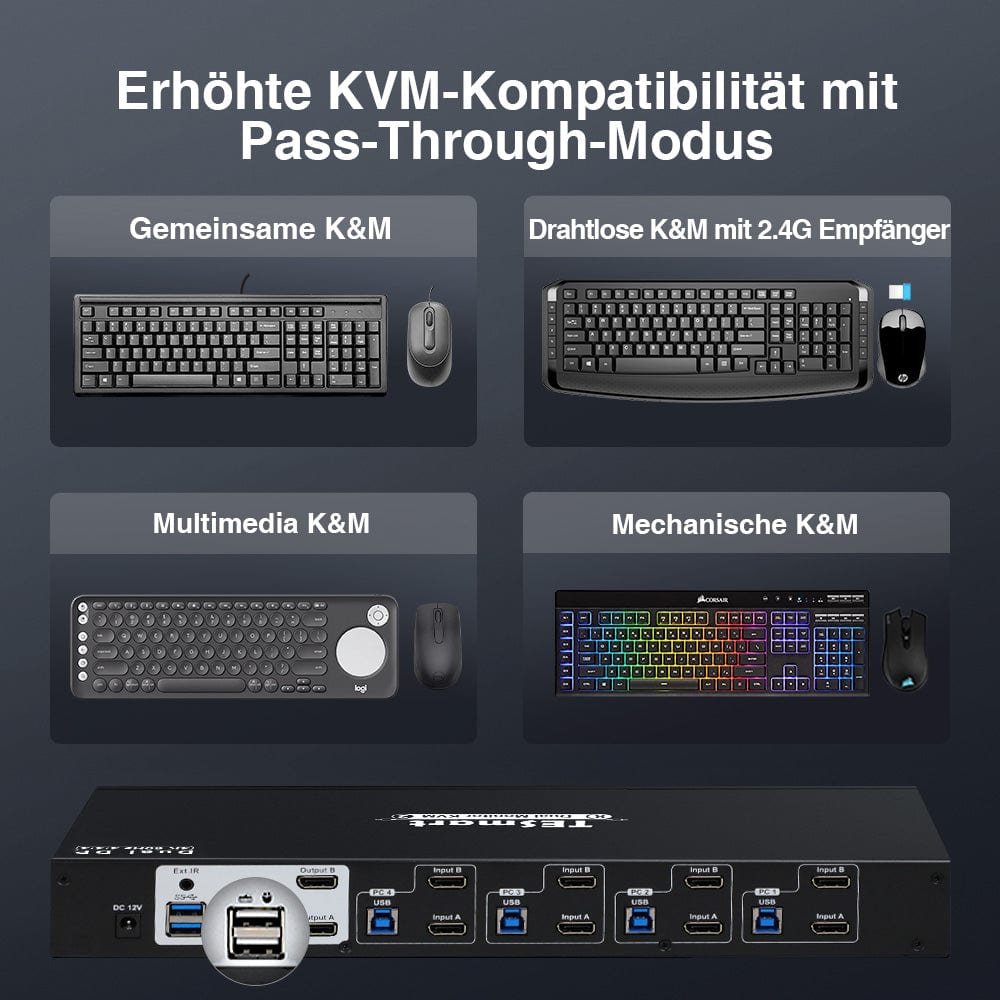 TESmart Dual Monitor KVM Switch 4 Port Dual Monitor KVM Switch Kit DP 4K60Hz mit USB 3.0 Docking Station, EDID