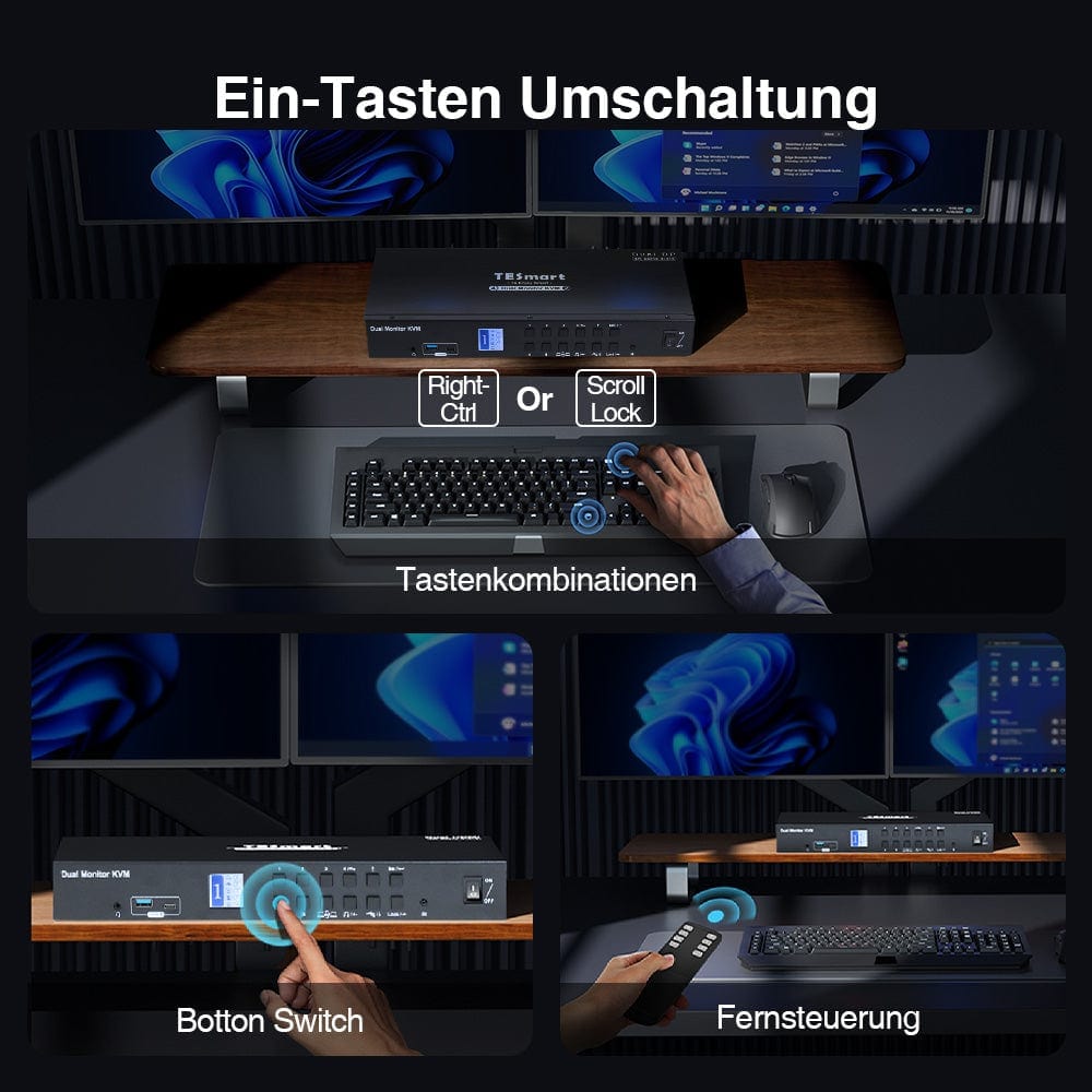 TESmart Dual Monitor KVM Switch 4 Port Dual Monitor KVM Switch Kit DP 4K60Hz mit USB 3.0 Docking Station, EDID
