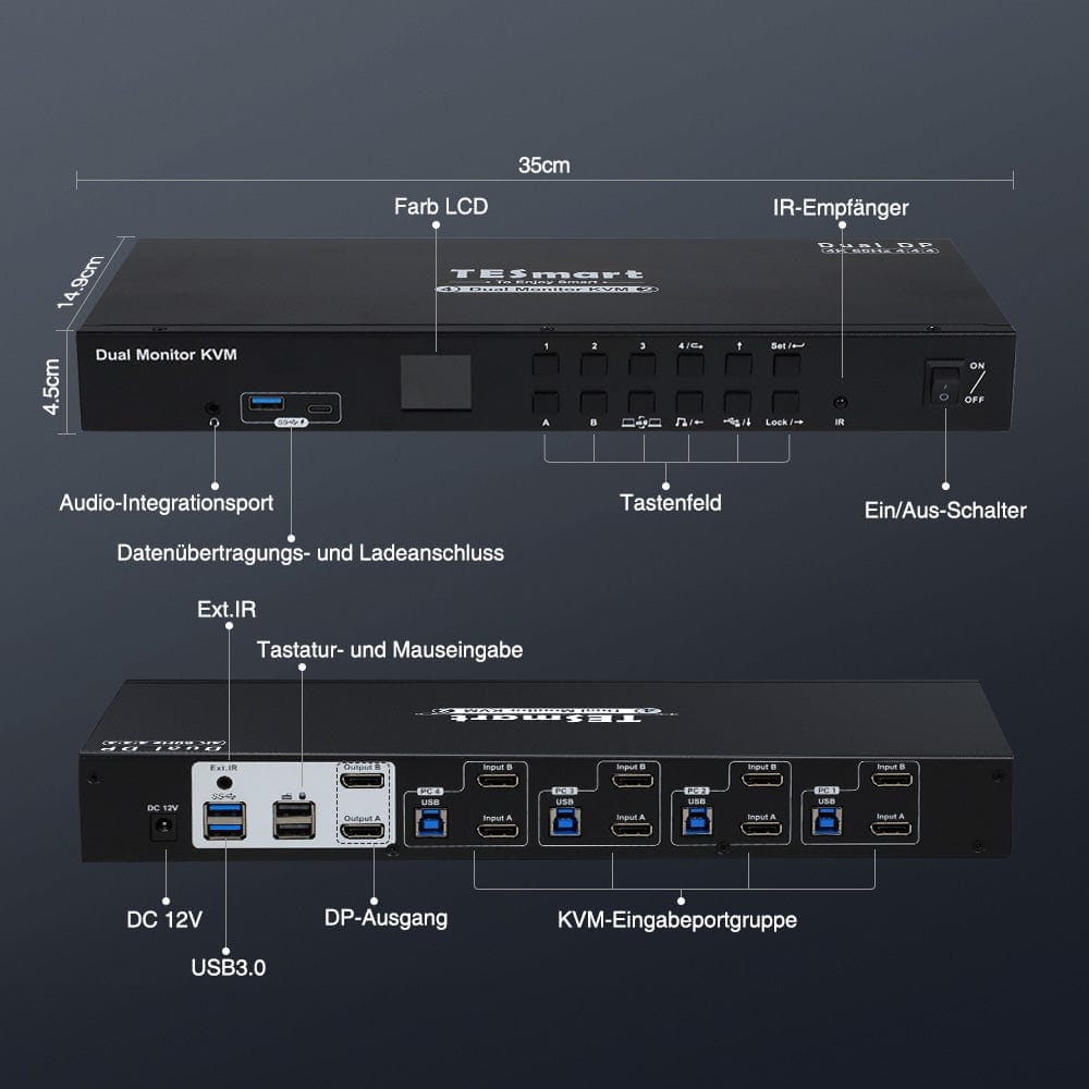TESmart Dual Monitor KVM Switch 4 Port Dual Monitor KVM Switch Kit DP 4K60Hz mit USB 3.0 Docking Station, EDID