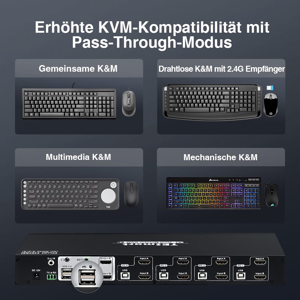 TESmart Dual Monitor KVM Switch 4-Port Dual-Monitor KVM-Switch-Kit HDMI 4K60Hz mit EDID