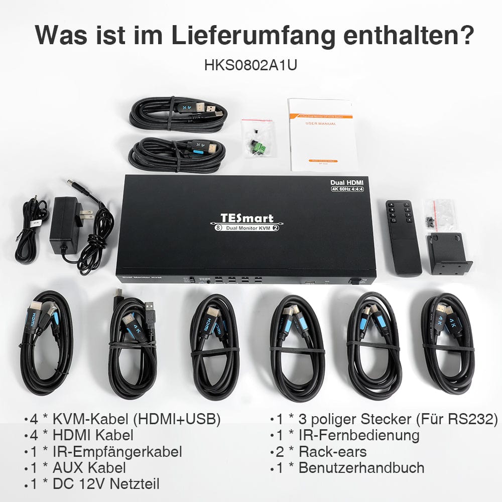 TESmart Dual Monitor KVM Switch 4-Port Dual-Monitor KVM-Switch-Kit HDMI 4K60Hz mit EDID