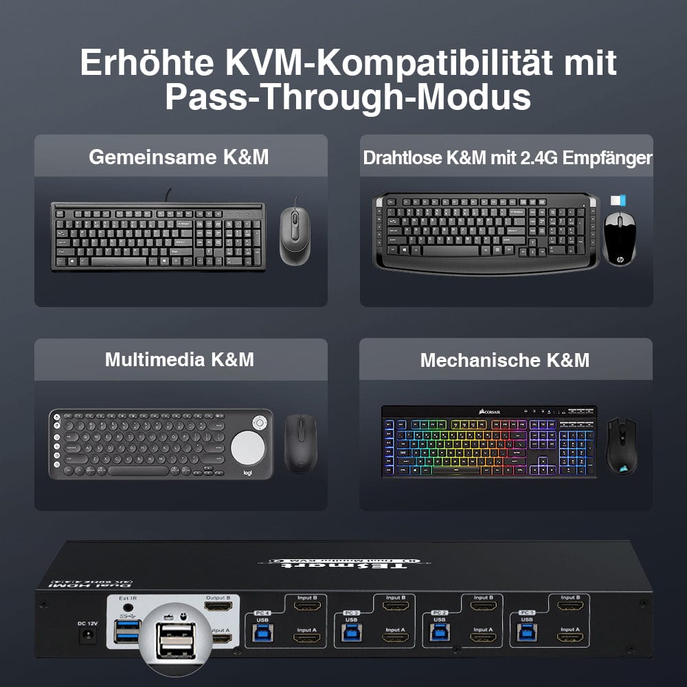 TESmart Dual Monitor KVM Switch 4-Port Dual-Monitor KVM Switch Kit HDMI 4K60Hz mit USB 3.0 Hub & Audio I/O, EDID