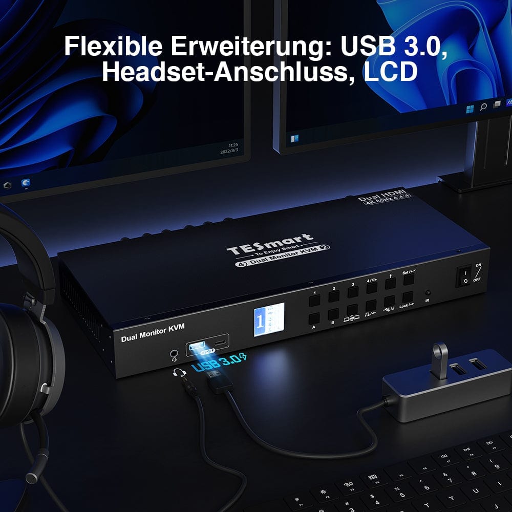 TESmart Dual Monitor KVM Switch 4-Port Dual-Monitor KVM Switch Kit HDMI 4K60Hz mit USB 3.0 Hub & Audio I/O, EDID