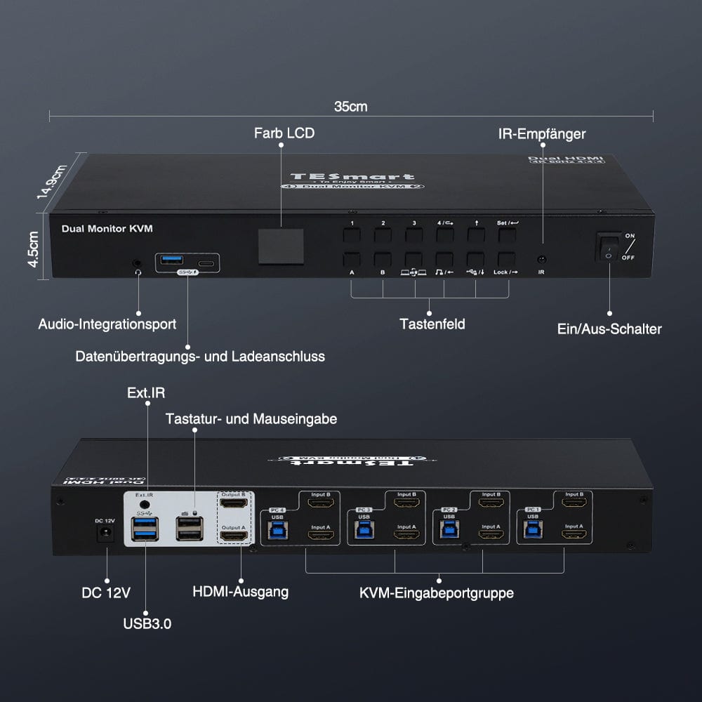 TESmart Dual Monitor KVM Switch 4-Port Dual-Monitor KVM Switch Kit HDMI 4K60Hz mit USB 3.0 Hub & Audio I/O, EDID