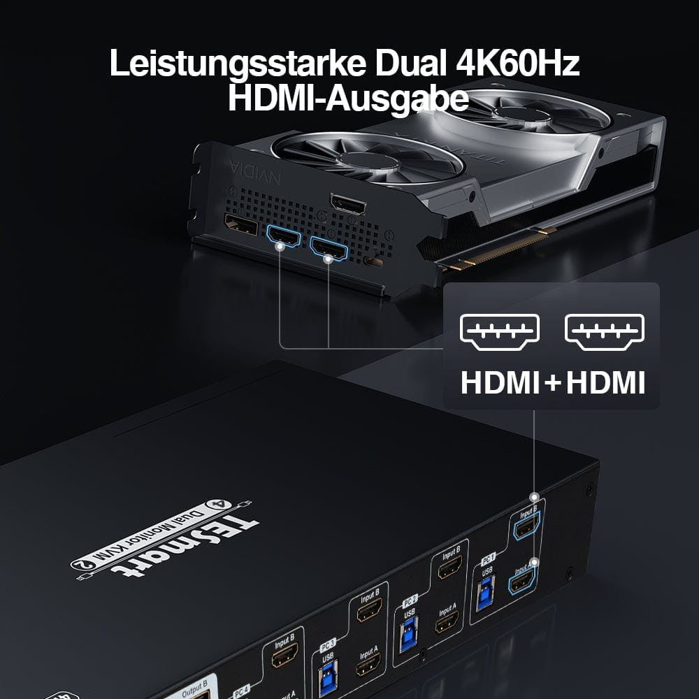 TESmart Dual Monitor KVM Switch 4-Port Dual-Monitor KVM Switch Kit HDMI 4K60Hz mit USB 3.0 Hub & Audio I/O, EDID