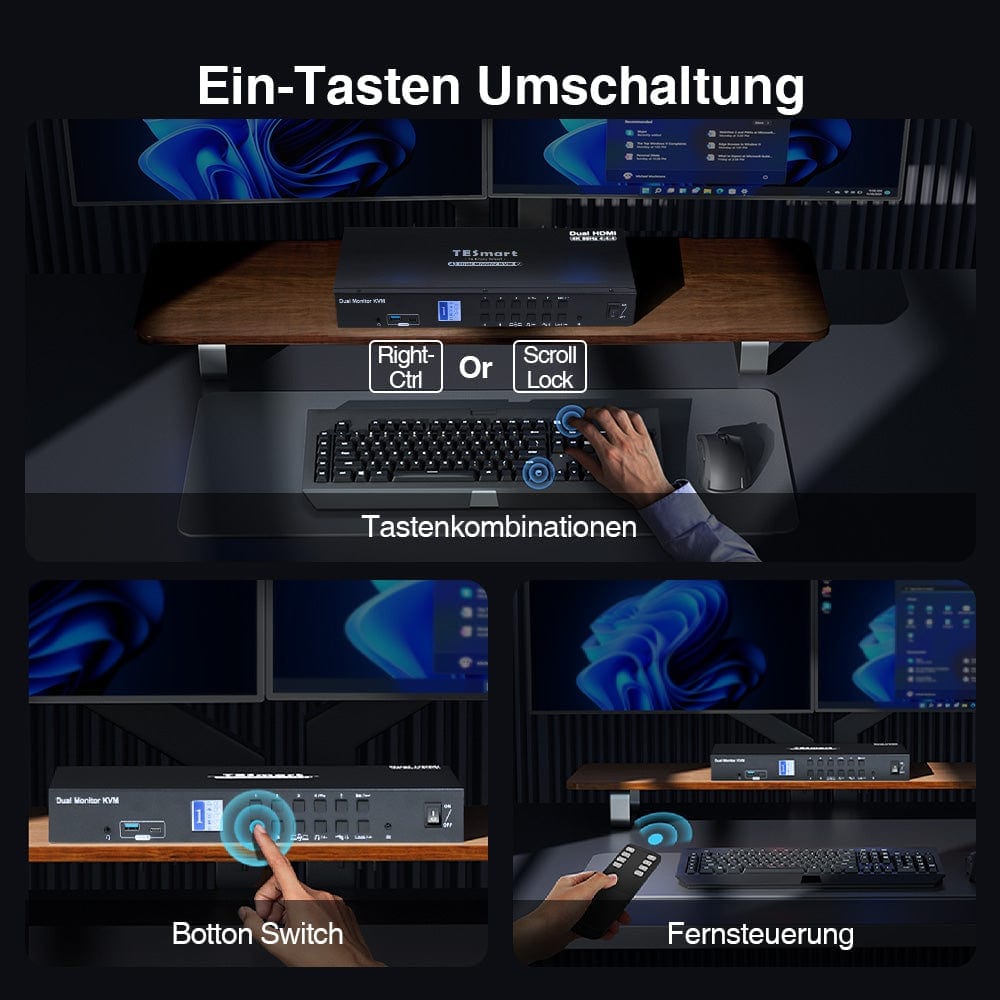 TESmart Dual Monitor KVM Switch 4-Port Dual-Monitor KVM Switch Kit HDMI 4K60Hz mit USB 3.0 Hub & Audio I/O, EDID