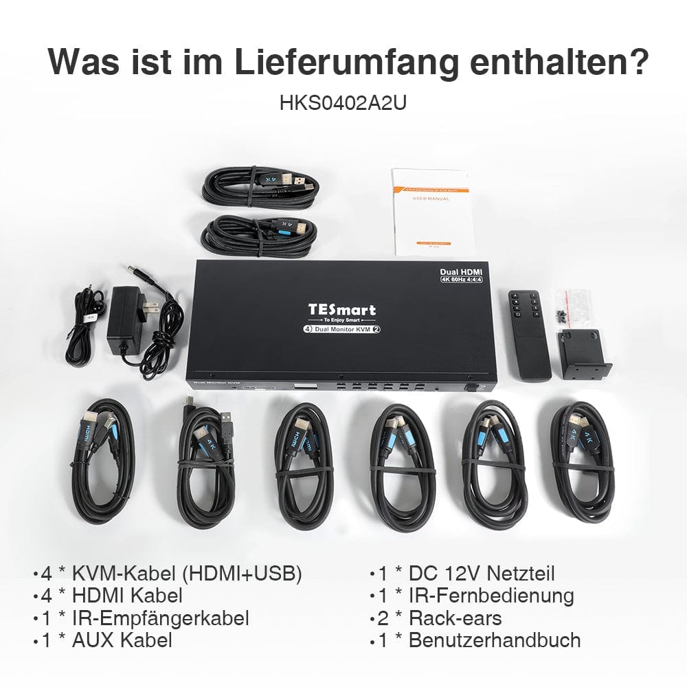 TESmart Dual Monitor KVM Switch 4-Port Dual-Monitor KVM Switch Kit HDMI 4K60Hz mit USB 3.0 Hub & Audio I/O, EDID