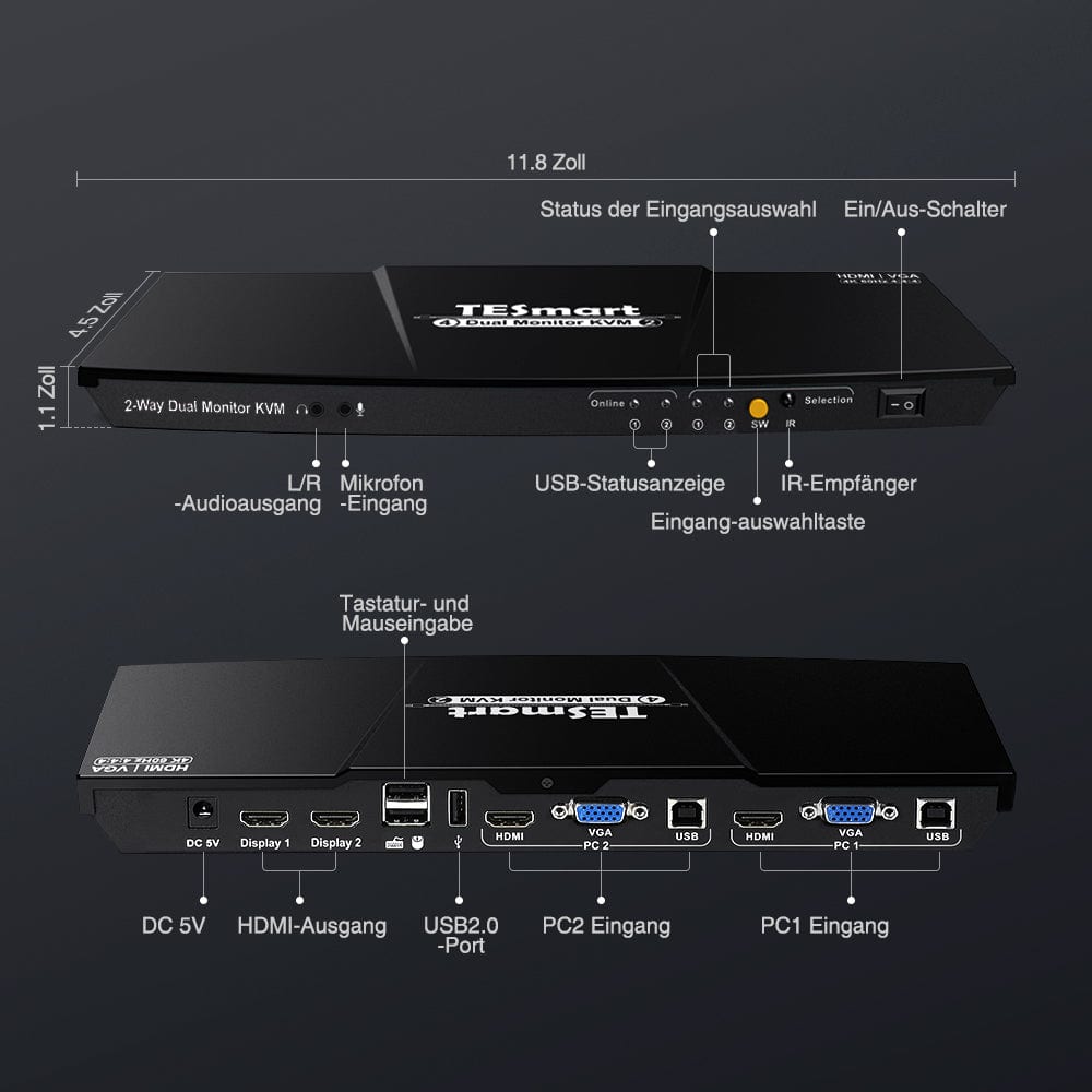 TESmart Dual Monitor KVM Switch Dual-Monitor-KVM-Switch mit 2 Anschlüssen, HDMI+VGA 4K60Hz und USB-Hub Dual Monitor KVM Switch 2 Eingänge 2 Ausgänge HDMI VGA 4K HDCP TESmart