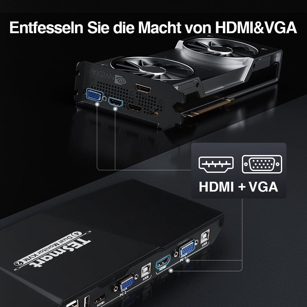 TESmart Dual Monitor KVM Switch Dual-Monitor-KVM-Switch mit 2 Anschlüssen, HDMI+VGA 4K60Hz und USB-Hub Dual Monitor KVM Switch 2 Eingänge 2 Ausgänge HDMI VGA 4K HDCP TESmart