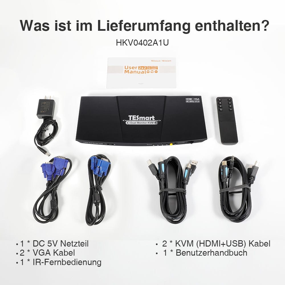 TESmart Dual Monitor KVM Switch Dual-Monitor-KVM-Switch mit 2 Anschlüssen, HDMI+VGA 4K60Hz und USB-Hub Dual Monitor KVM Switch 2 Eingänge 2 Ausgänge HDMI VGA 4K HDCP TESmart