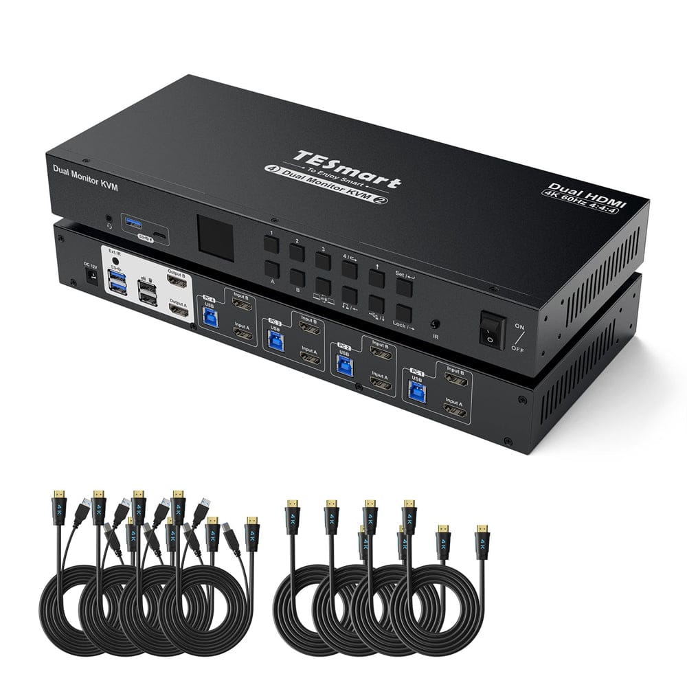 TESmart Dual Monitor KVM Switcher 4-Port Dual-Monitor KVM Switch Kit HDMI 4K60Hz mit USB 3.0 Hub & Audio I/O, EDID 4-Port Dual-Monitor HDMI KVM Switch 4K@60Hz mit USB 3.0 & EDID | TESmart