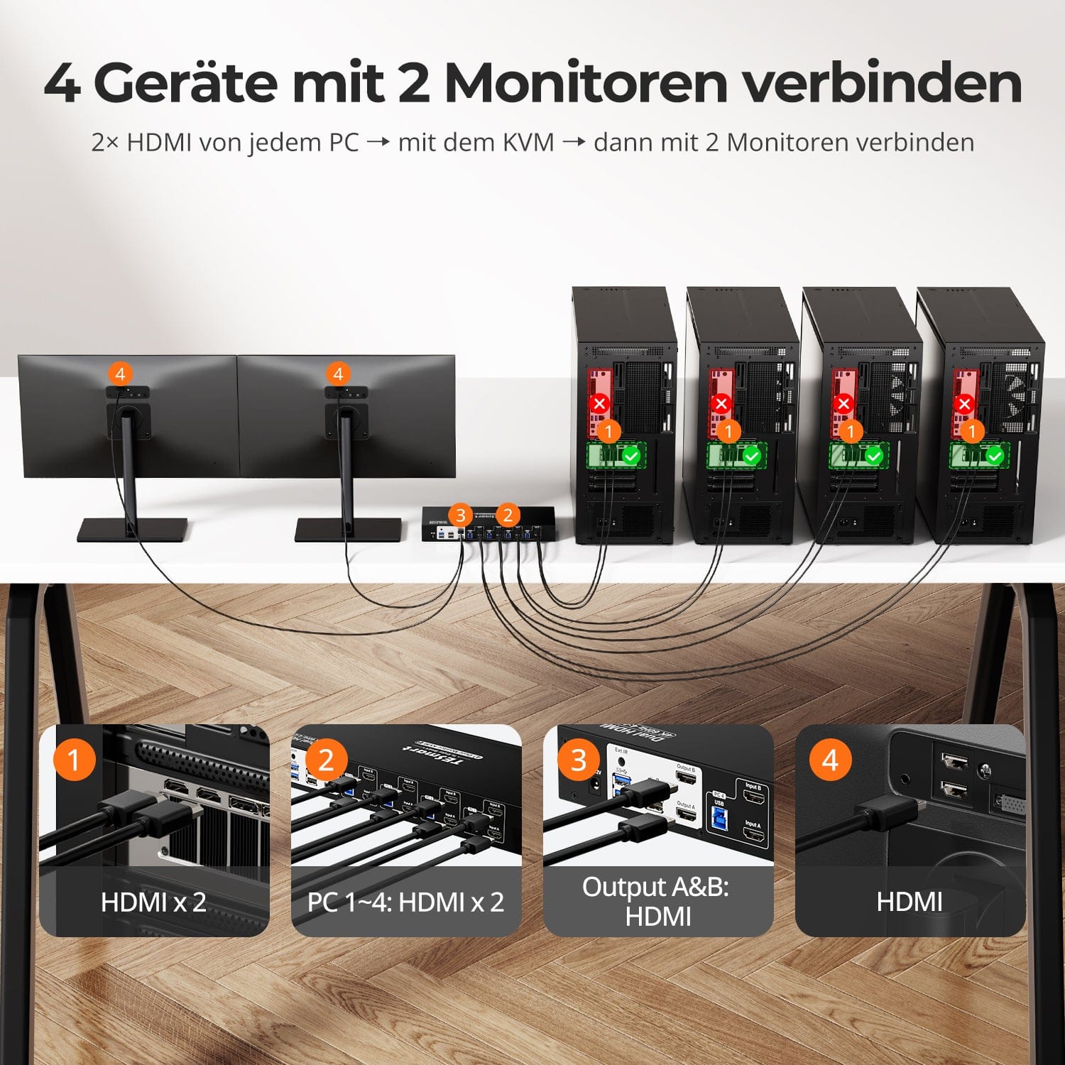 TESmart Dual Monitor KVM Switcher 4-Port Dual-Monitor KVM Switch Kit HDMI 4K60Hz mit USB 3.0 Hub & Audio I/O, EDID 4-Port Dual-Monitor HDMI KVM Switch 4K@60Hz mit USB 3.0 & EDID | TESmart