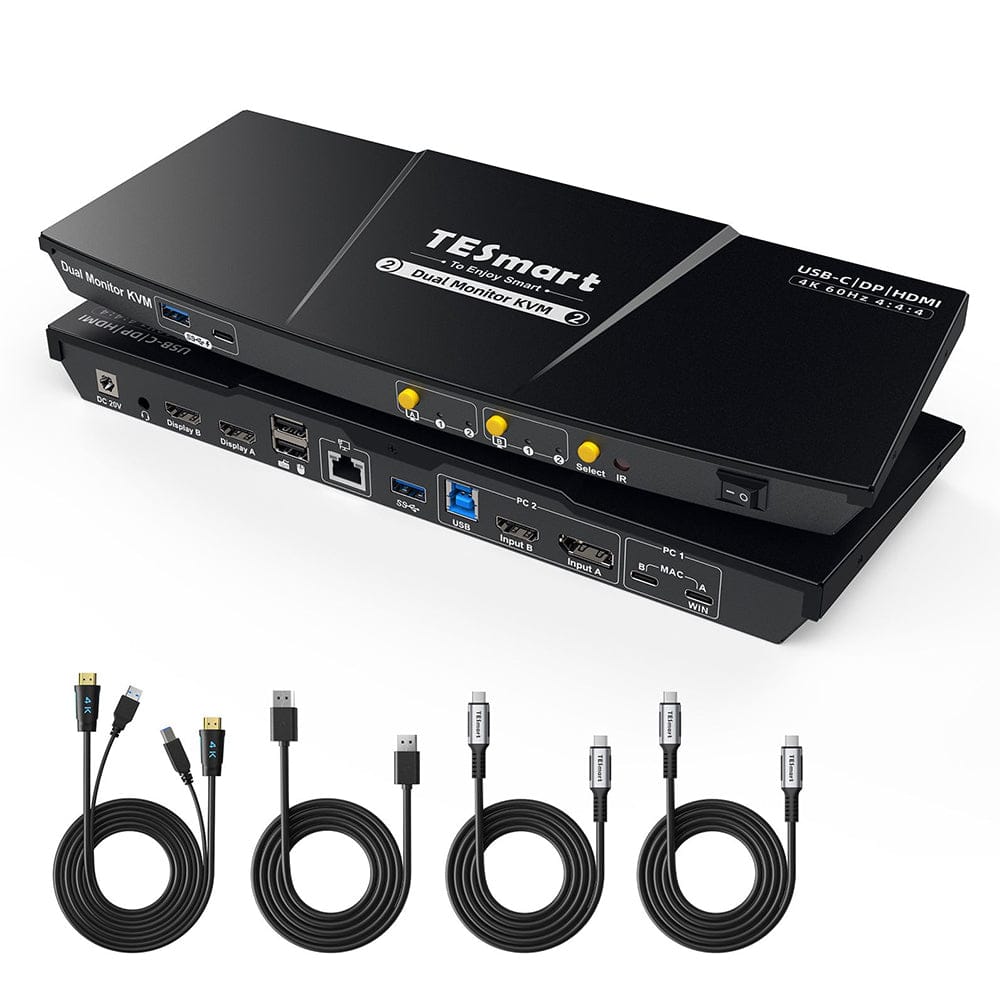 TESmart HDC202-P23-EUBK Dual Monitor KVM Switch Dual 4K60Hz Hybrid KVM Docking Station Kit - USB-C with MST & EDID for 1 Laptop & 1 Desktop 10652805090549 Dual 4K@60Hz Hybrid KVM-Switch für 1 Laptop & 1 Desktop | TESmart EU Plug