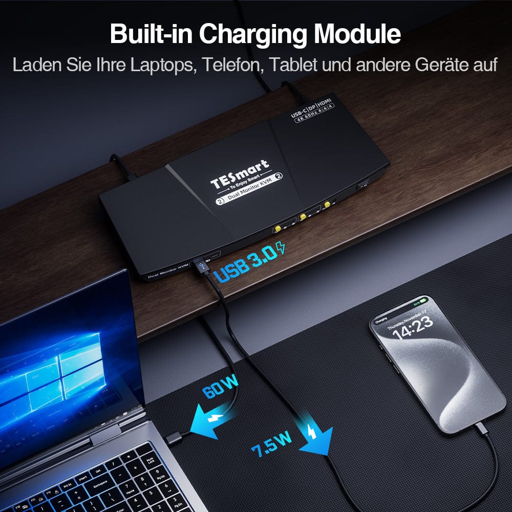 TESmart HDC202-P23-EUBK Dual Monitor KVM Switch Dual 4K60Hz Hybrid KVM Docking Station Kit - USB-C with MST & EDID for 1 Laptop & 1 Desktop 10652805090549 Dual 4K60Hz Hybrid KVM-Dock - Für 1 Laptop & 1 Desktop EU Plug