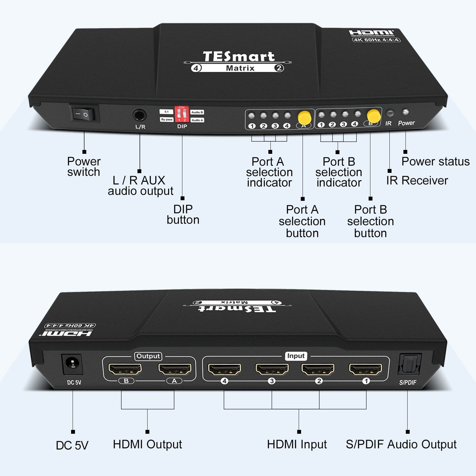 TESmart HDMI Matrix 4x2 4K HDMI-Matrix-Switch mit Audioextraktion und Audioausgang 4x2 HDMI Matrix Video Switch 4K 60hz HDCP mit Audio TESmart