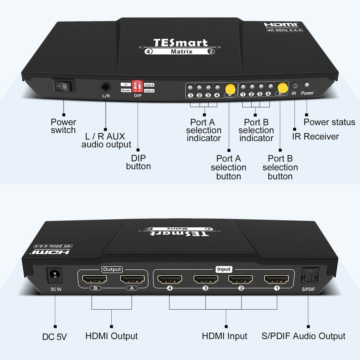 TESmart HDMI Matrix 4x2 4K HDMI-Matrix-Switch mit Audioextraktion und Audioausgang 4x2 HDMI Matrix Video Switch 4K 60hz HDCP mit Audio TESmart