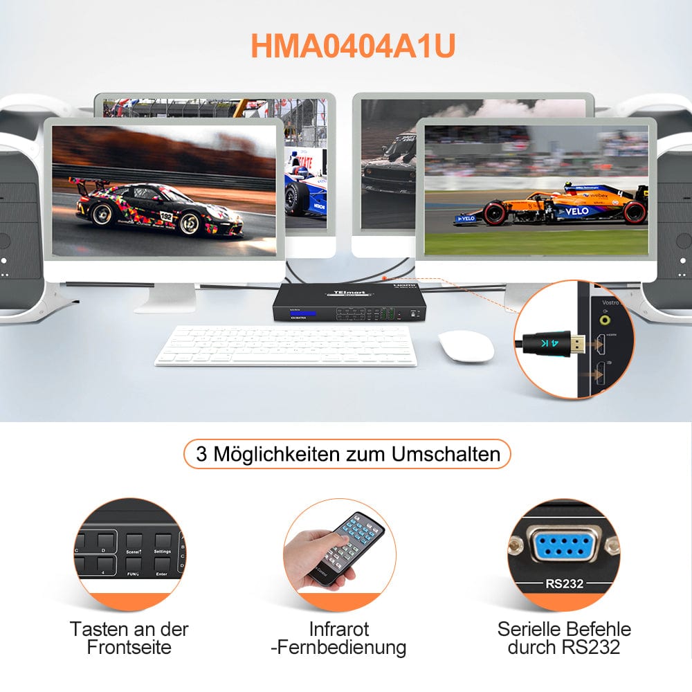 TESmart HDMI Matrix 4x4 4K HDMI-Matrix-Switch mit Audioausgang und RS232/LAN-Steuerung HDMI Matrix switch 4X4 4K 60hz HDCP RS232/LAN steuern TESmart